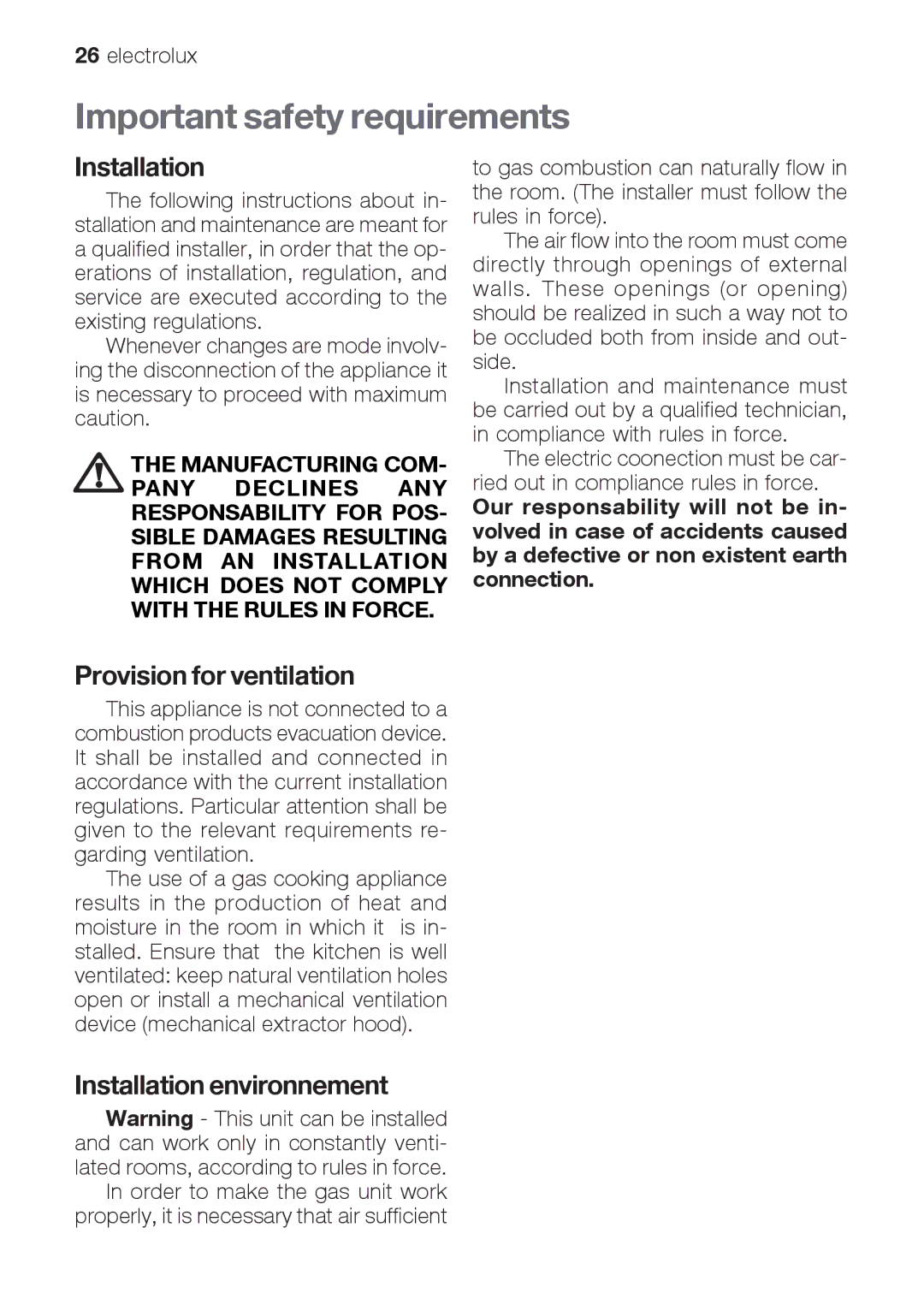 Electrolux EOG 21302 X user manual Important safety requirements, Provision for ventilation, Installation environnement 