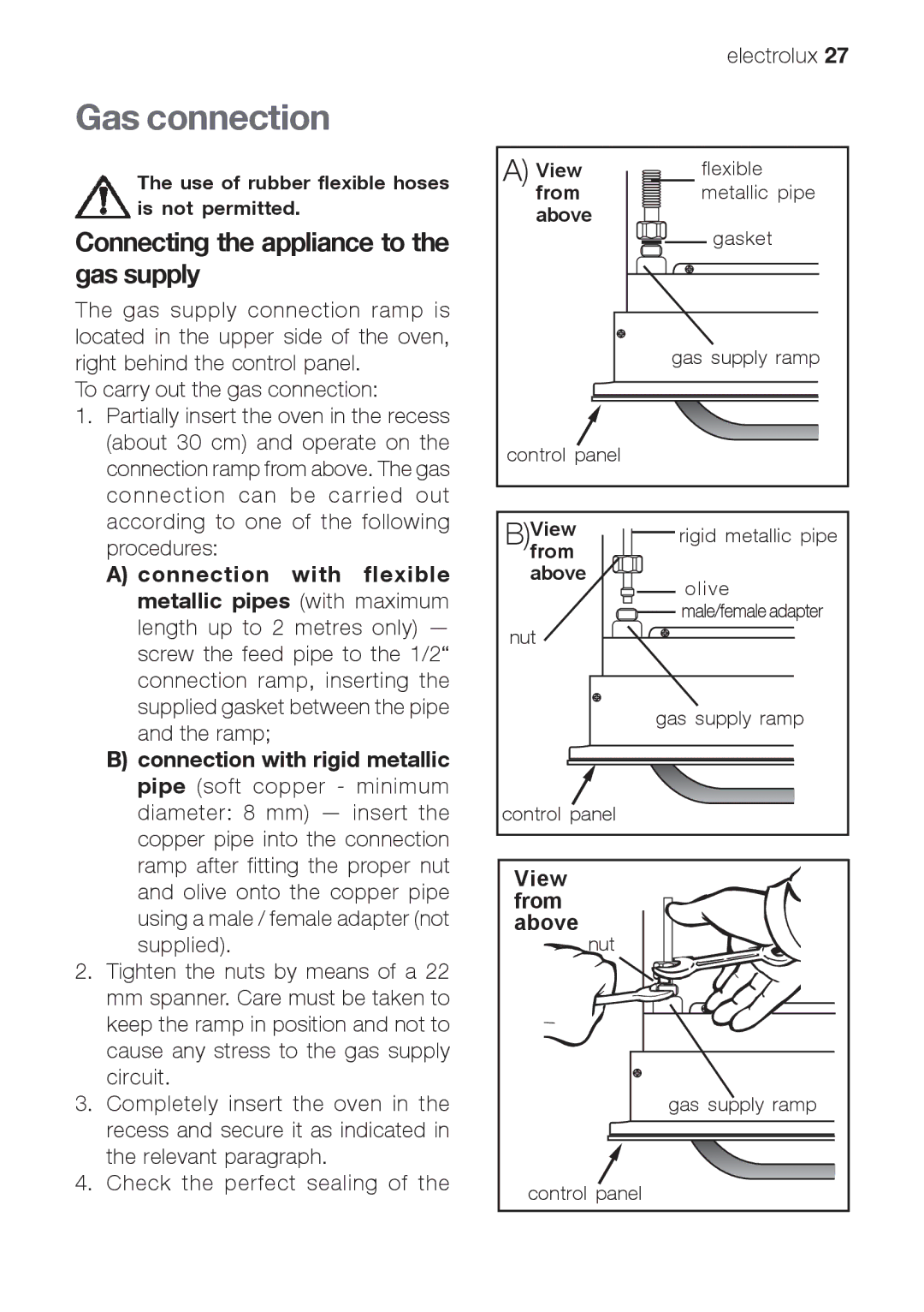 Electrolux EOG 21302 X user manual Gas connection, Connecting the appliance to the gas supply, View, From, Above 