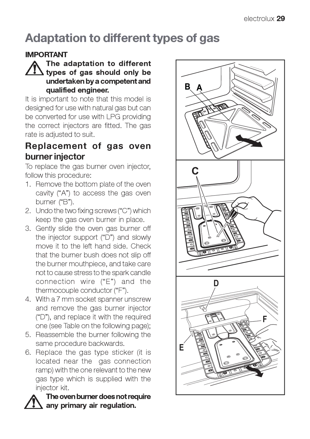 Electrolux EOG 21302 X user manual Adaptation to different types of gas, Replacement of gas oven burner injector 