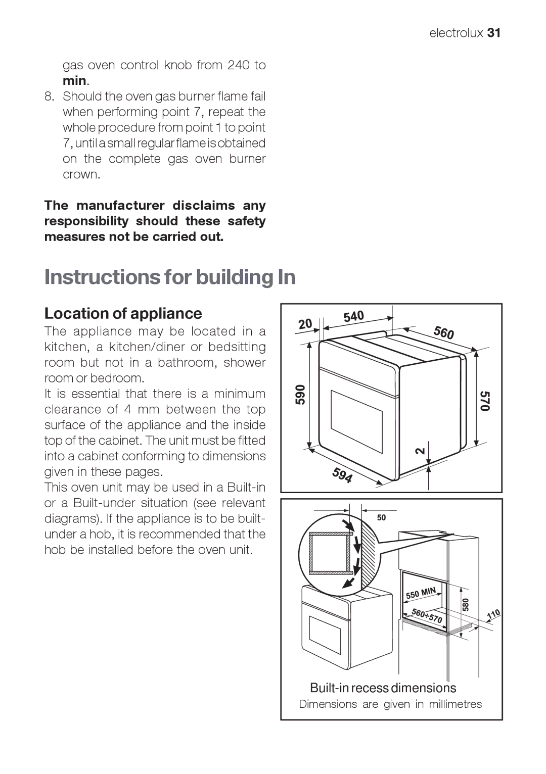 Electrolux EOG 21302 X user manual Instructions for building, Location of appliance, Built-in recess dimensions 