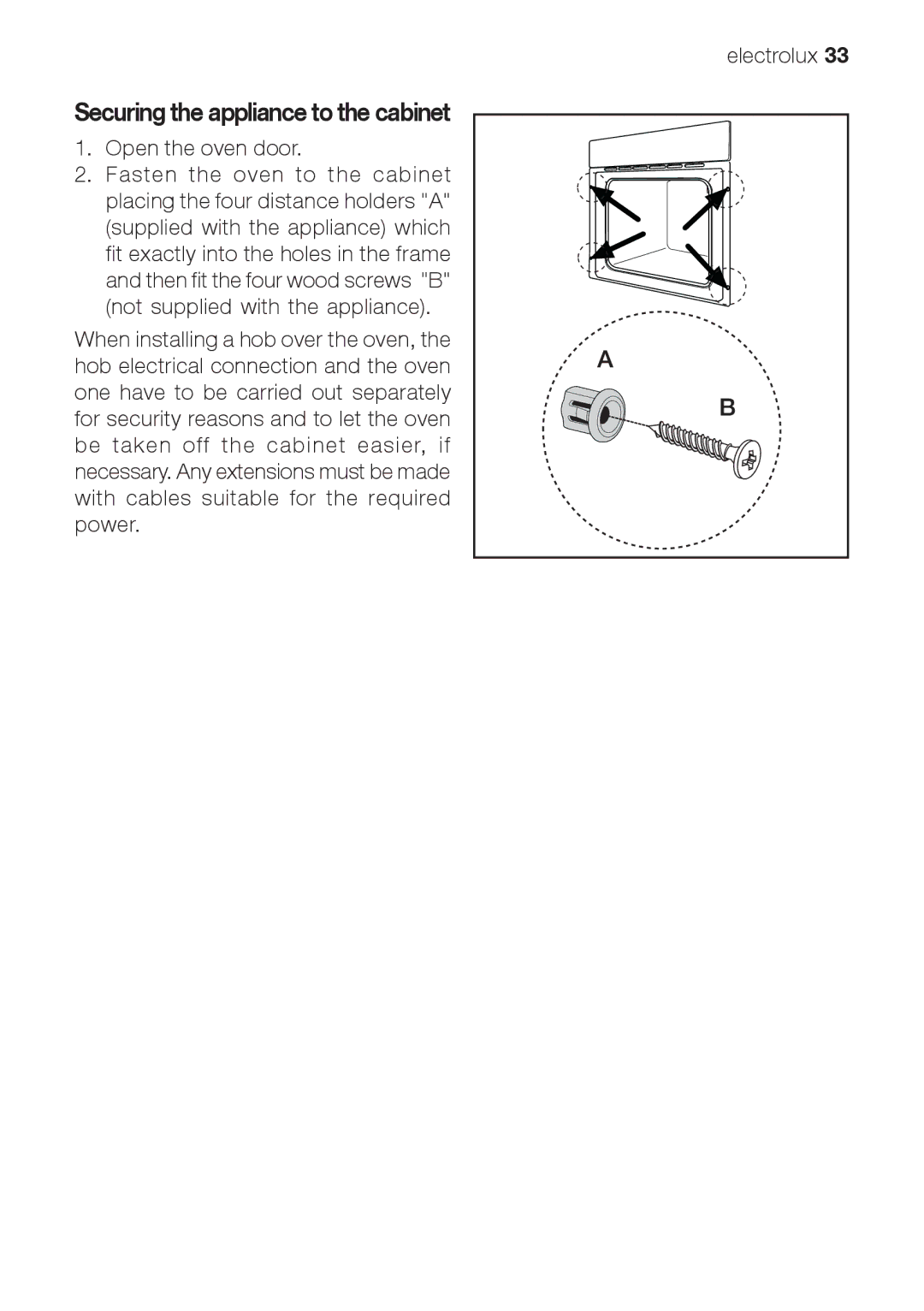 Electrolux EOG 21302 X user manual Securing the appliance to the cabinet 