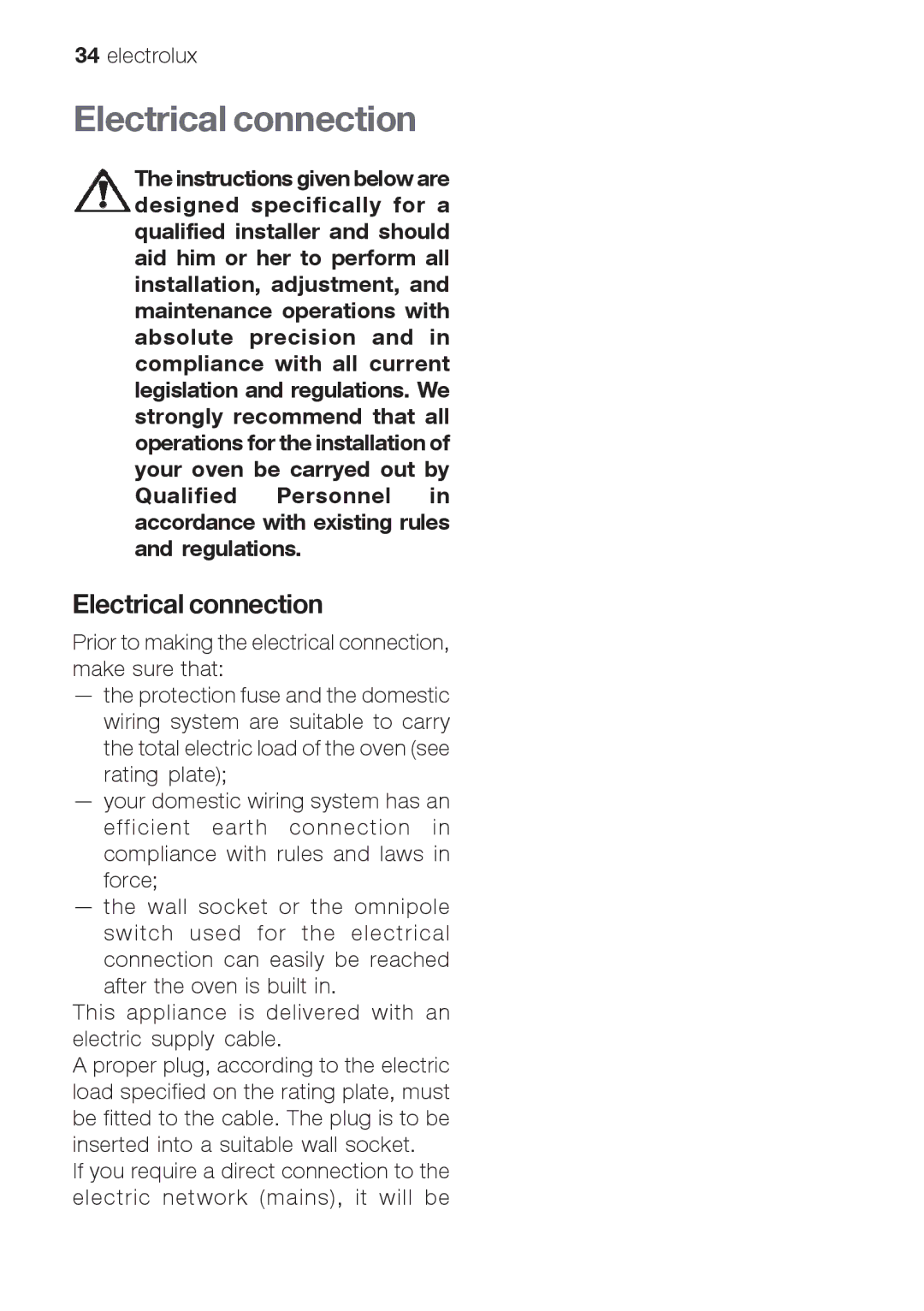 Electrolux EOG 21302 X user manual Electrical connection 