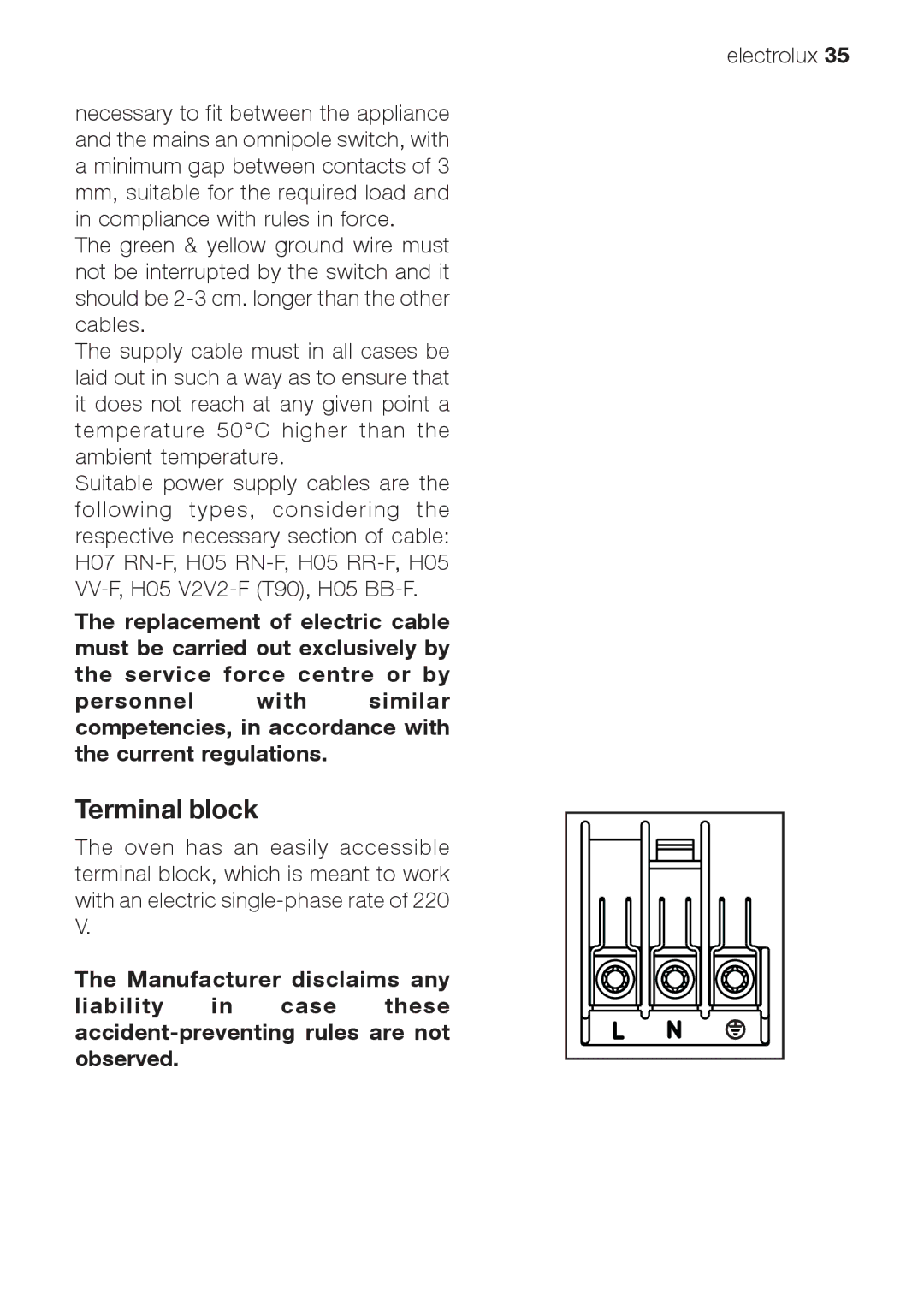 Electrolux EOG 21302 X user manual Terminal block 