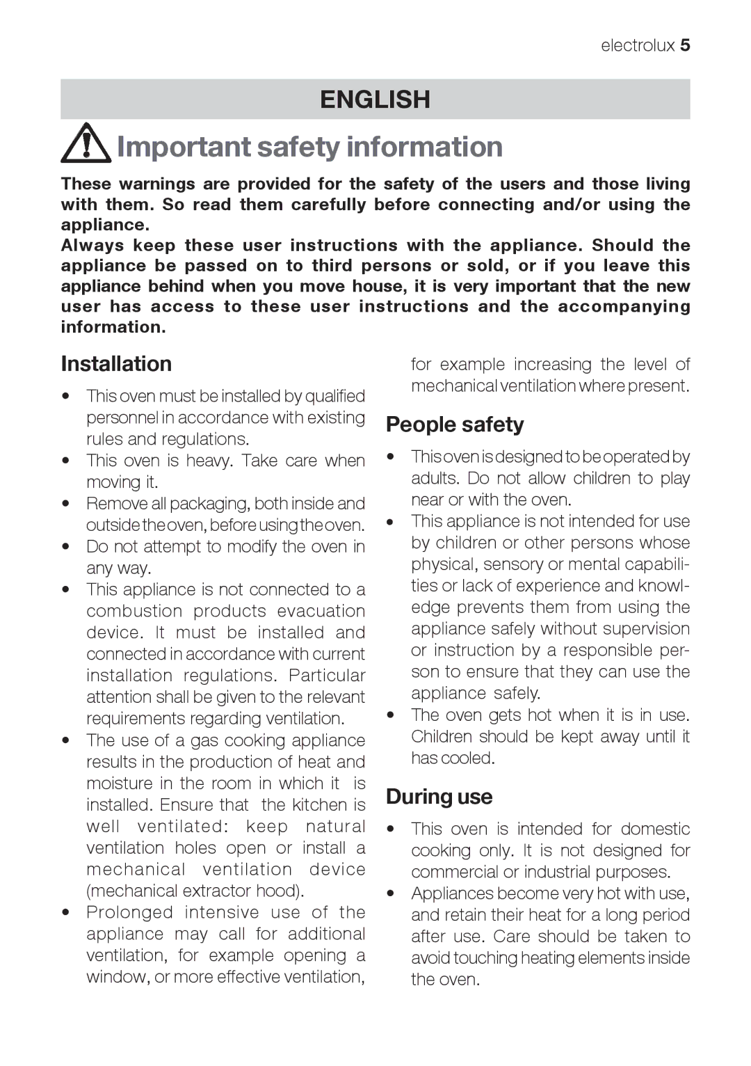 Electrolux EOG 21302 X user manual Important safety information, Installation, People safety, During use 