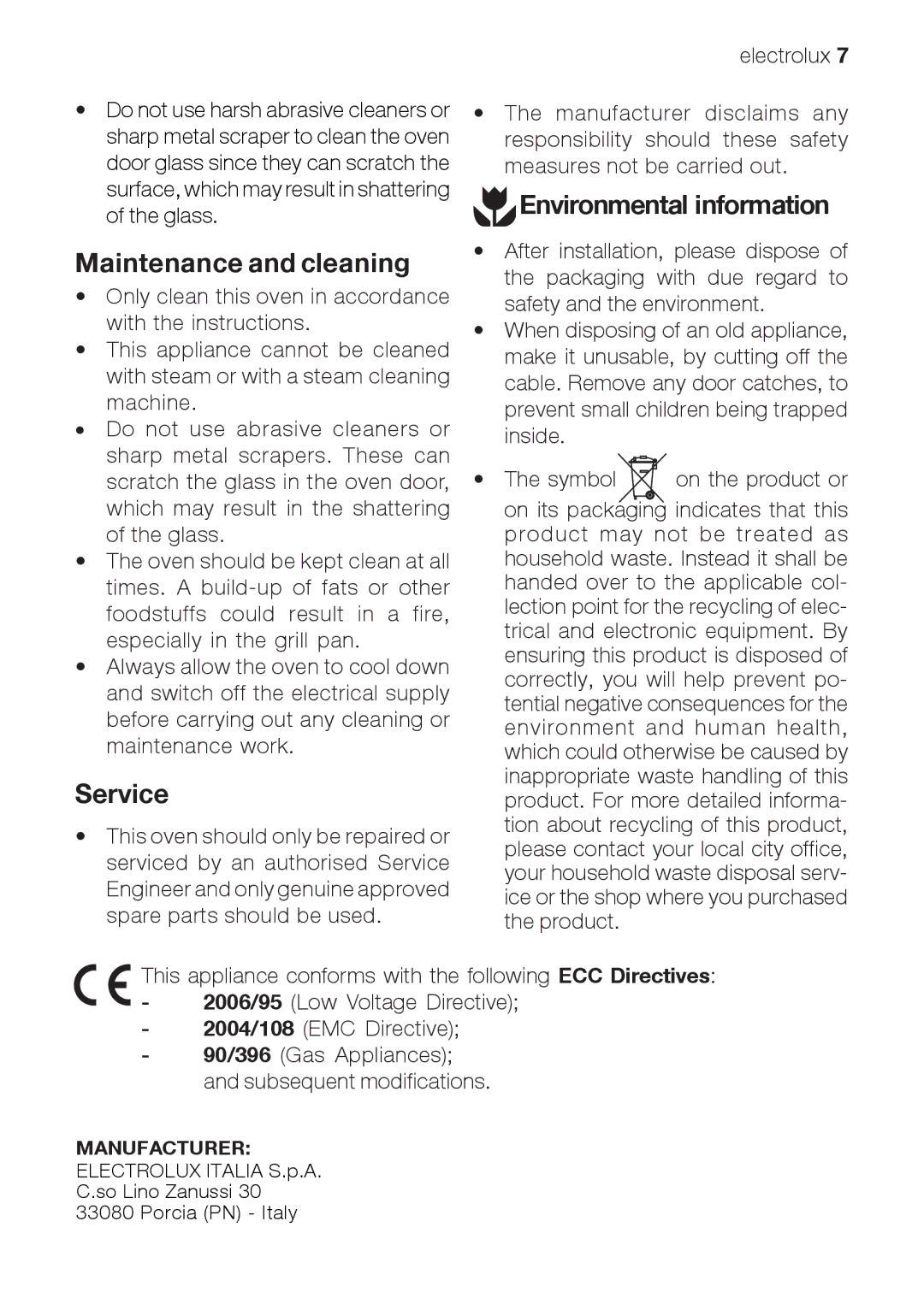 Electrolux EOG 21302 X user manual Maintenance and cleaning, Service, Environmental information 