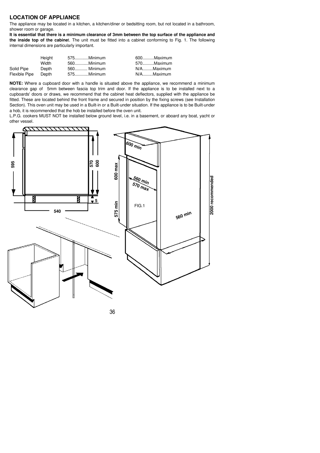 Electrolux EOG 600 manual min 570 max, Location of Appliance 