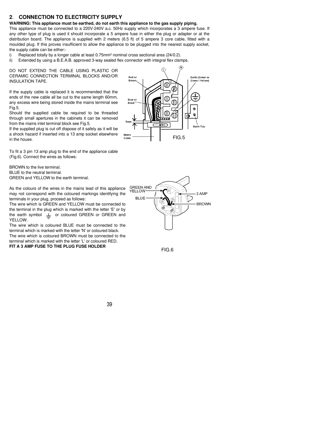 Electrolux EOG 600 manual Connection to Electricity Supply, Yellow 