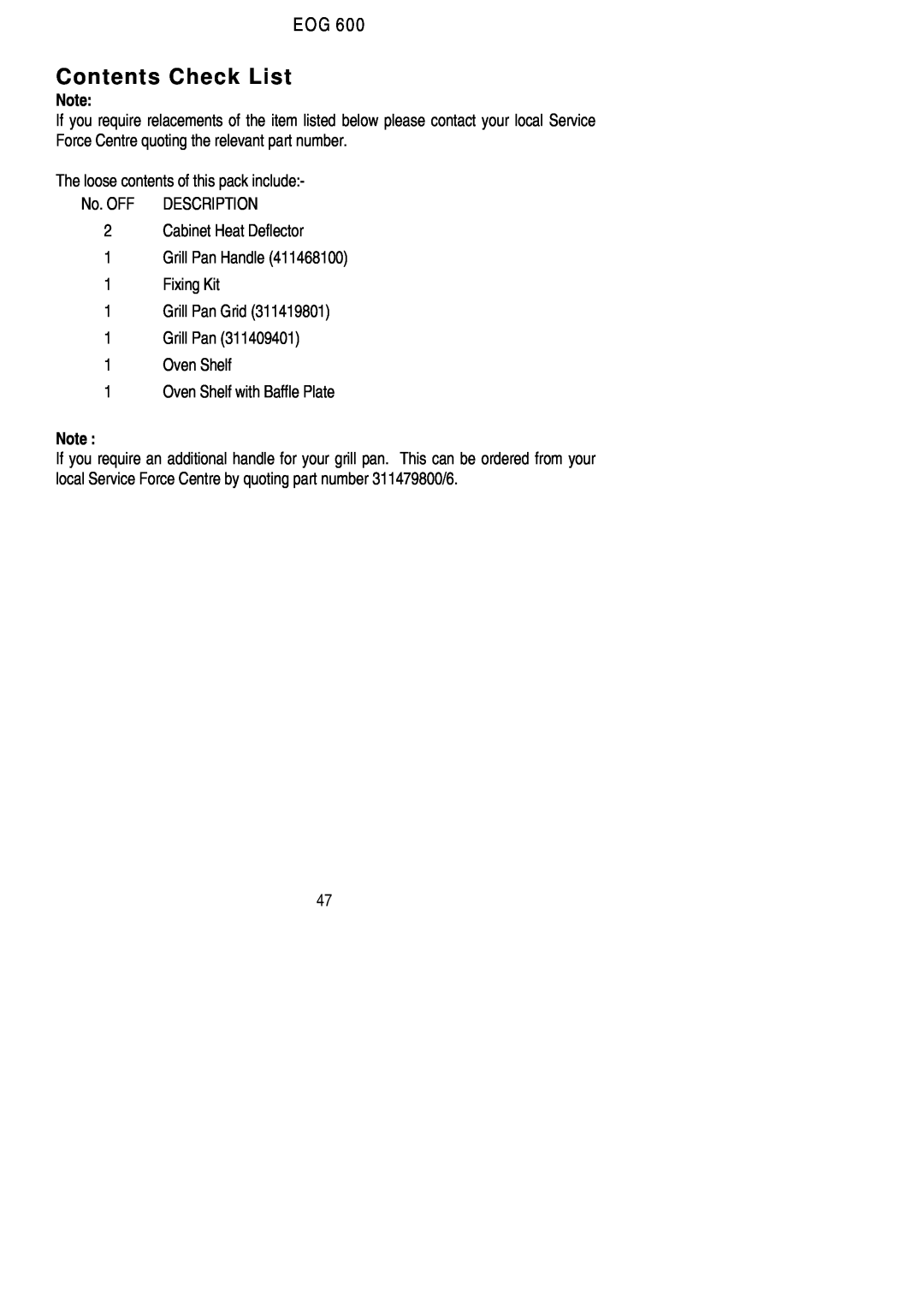 Electrolux EOG 600 manual Contents Check List 