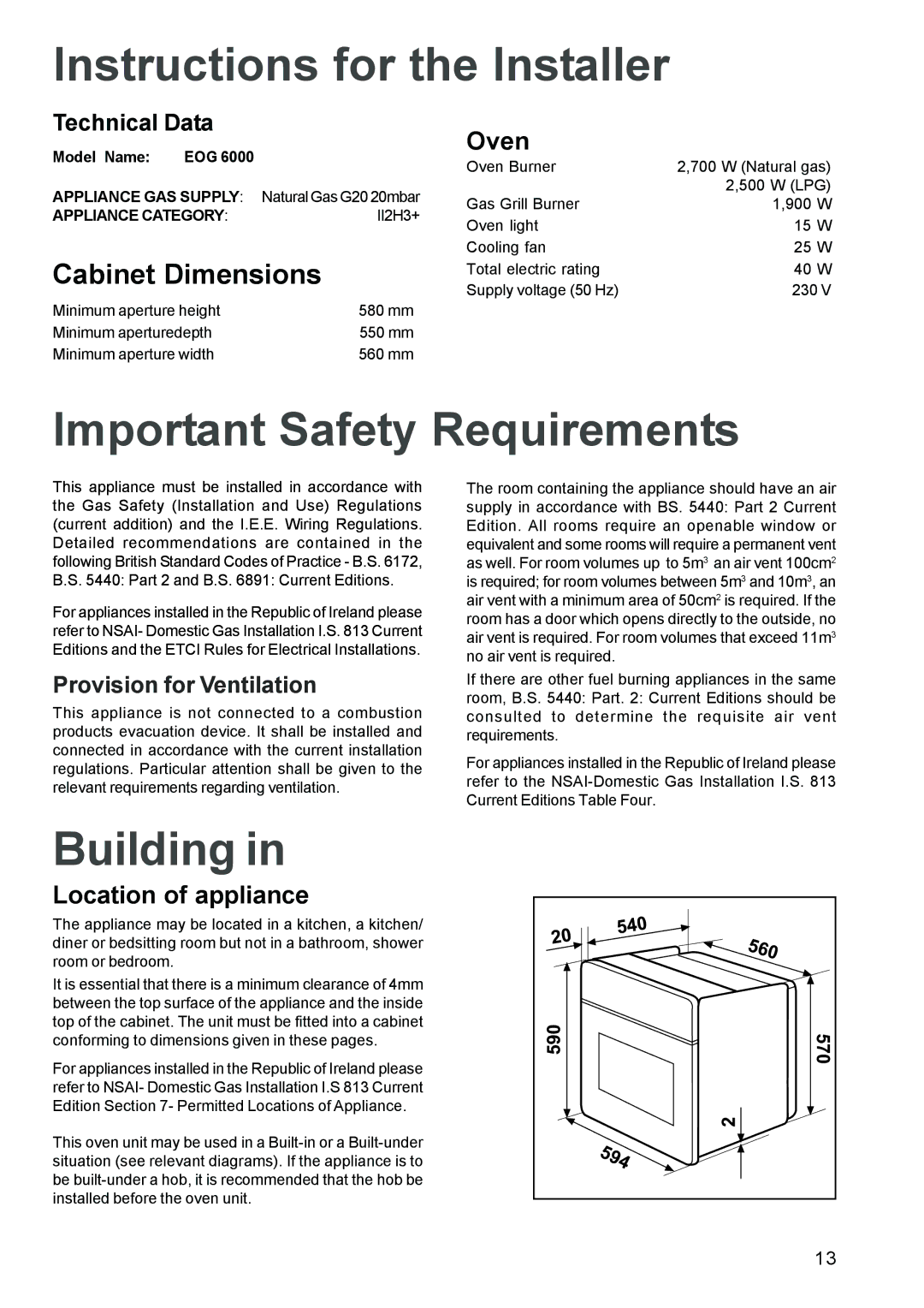 Electrolux EOG 6000 Instructions for the Installer, Important Safety Requirements, Building, Oven, Location of appliance 