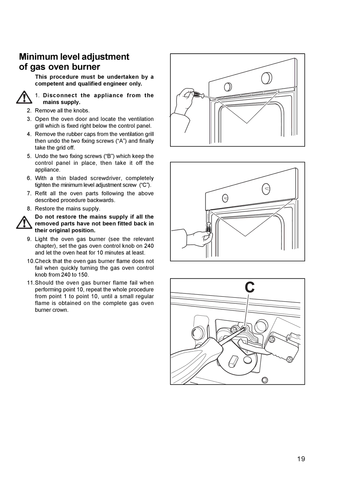 Electrolux EOG 6000 manual Minimum level adjustment of gas oven burner 