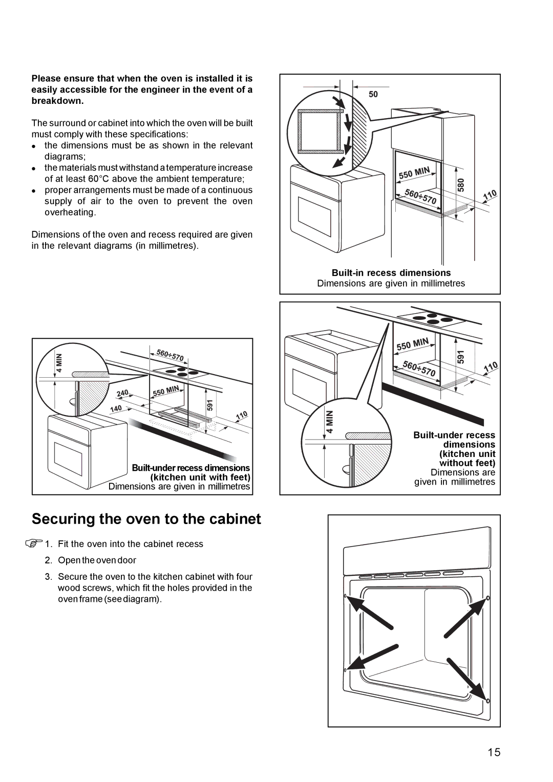 Electrolux EOG 601 manual Securing the oven to the cabinet 