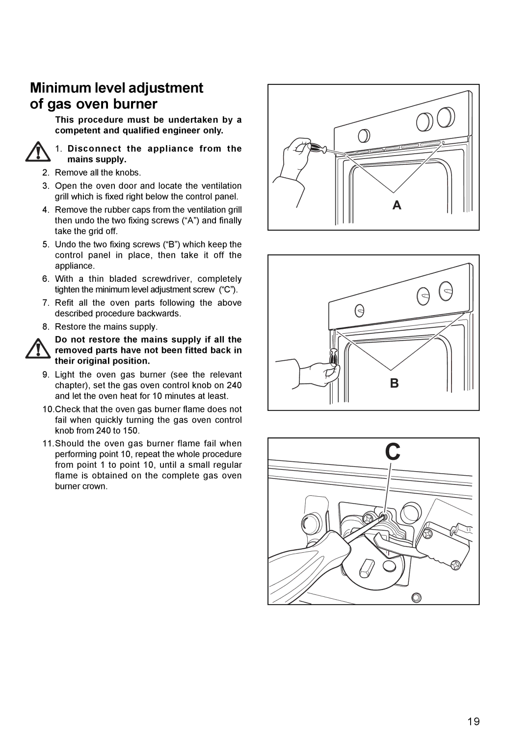 Electrolux EOG 601 manual Minimum level adjustment of gas oven burner 