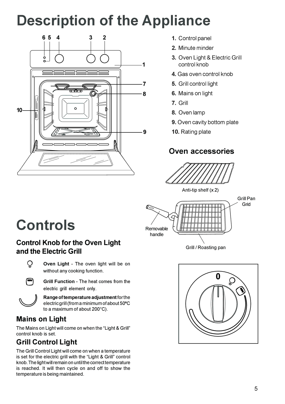 Electrolux EOG 601 manual Description of the Appliance, Controls, Oven accessories, Range of temperature adjustment for 