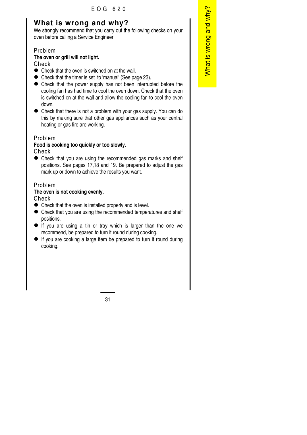 Electrolux EOG 620 manual What is wrong and why?, Problem, Check 