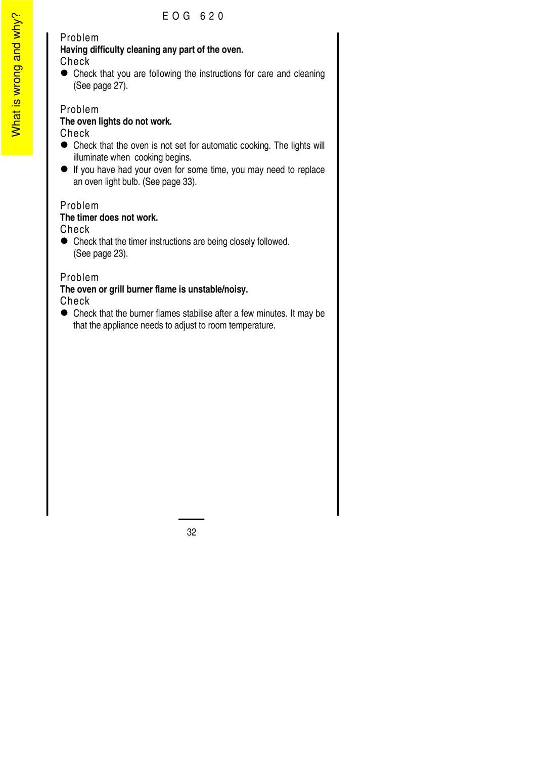 Electrolux EOG 620 manual G 6 2 Problem, LCheck 