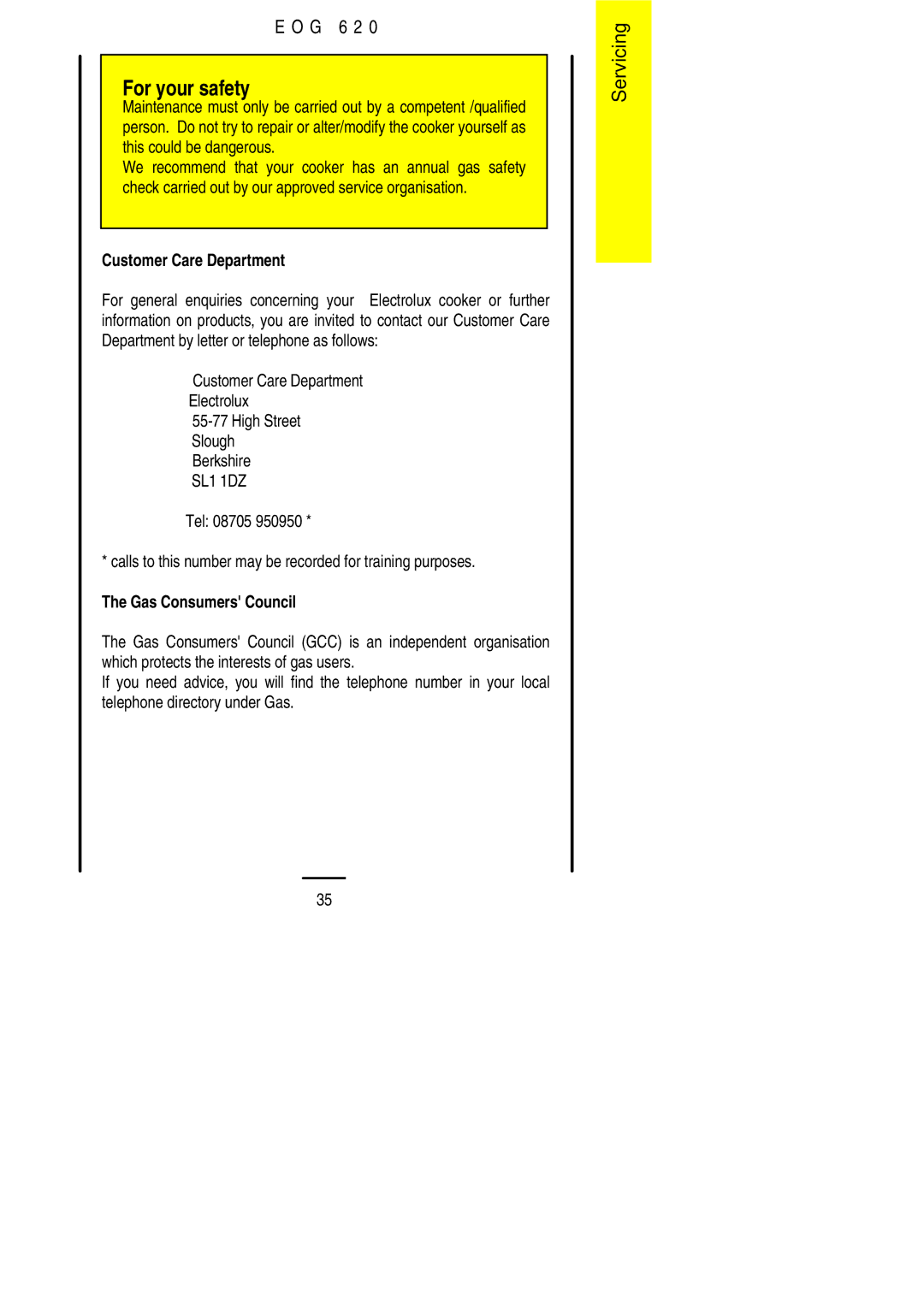 Electrolux EOG 620 manual Customer Care Department 