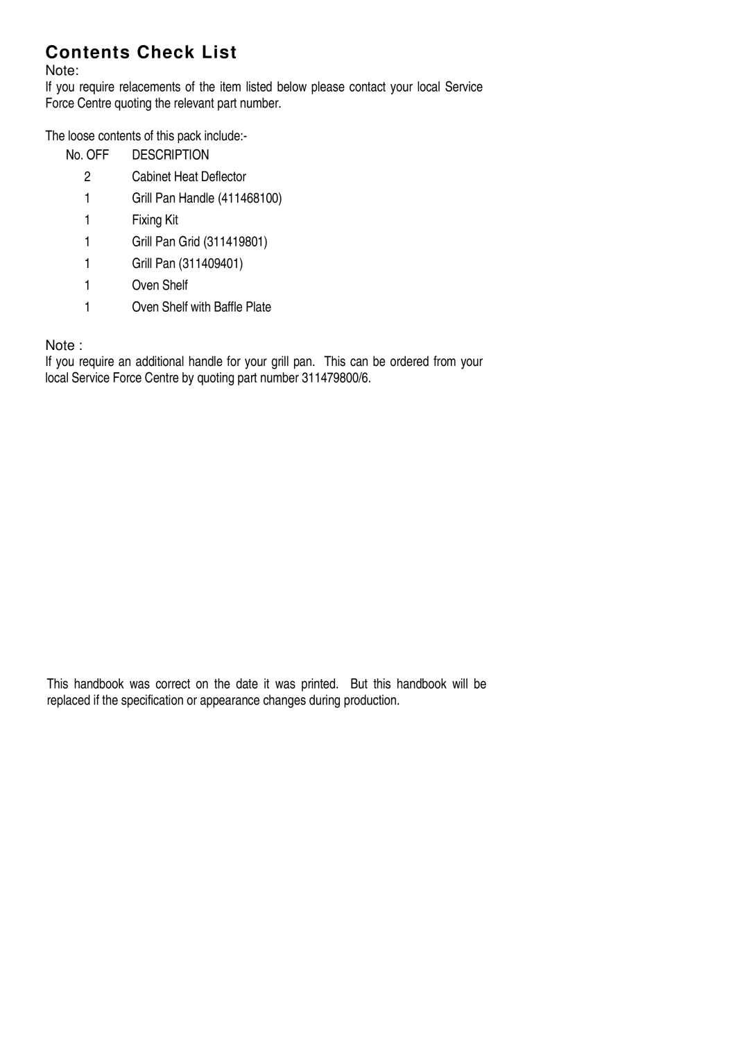 Electrolux EOG 620 manual Contents Check List 