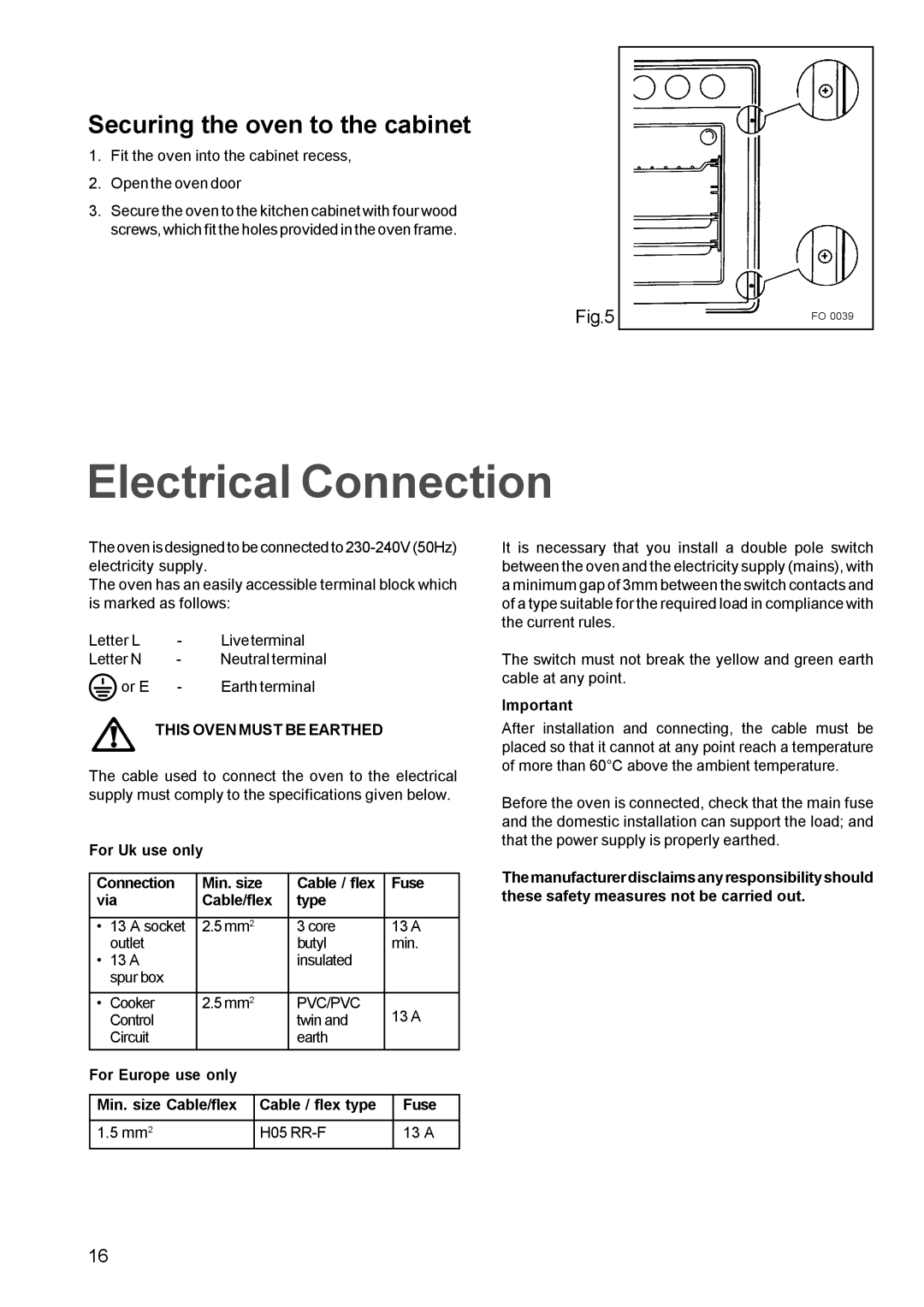 Electrolux EOG 621 manual Electrical Connection, Securing the oven to the cabinet, This Oven Must be Earthed, Pvc/Pvc 