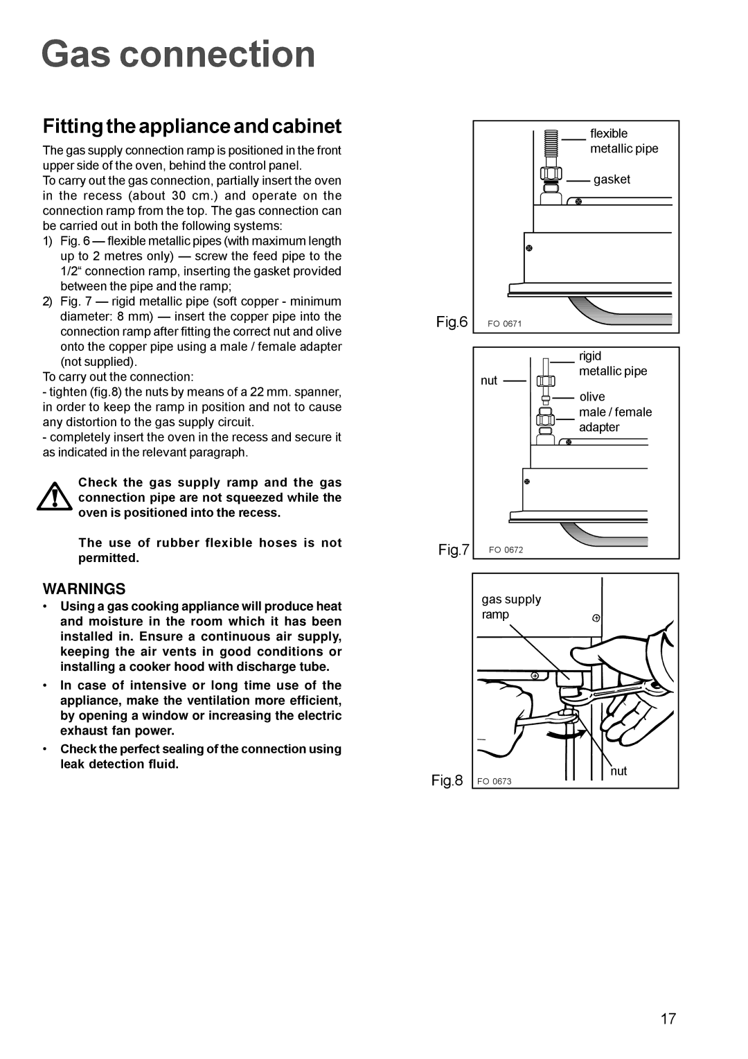 Electrolux EOG 621 manual Gas connection, Fitting the appliance and cabinet 