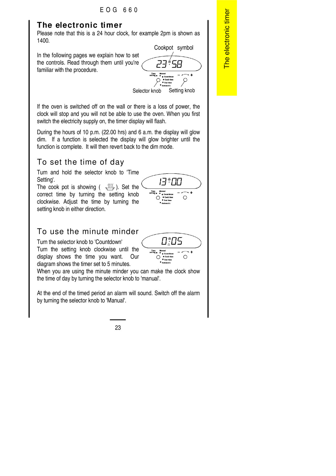 Electrolux EOG 660 manual Electronic timer, To set the time of day, To use the minute minder 