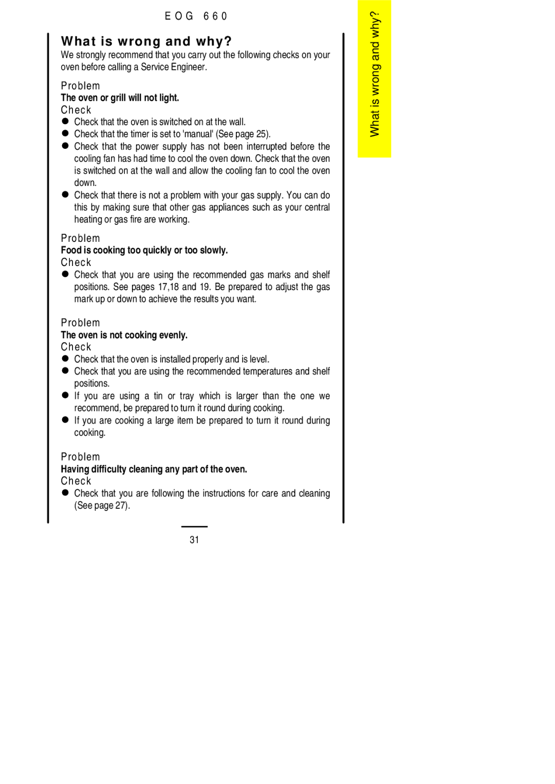 Electrolux EOG 660 manual What is wrong and why?, Problem, LCheck 