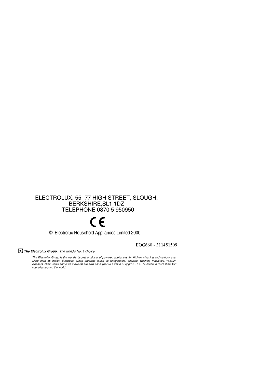 Electrolux EOG 660 manual Telephone 0870 5, Electrolux Household Appliances Limited 