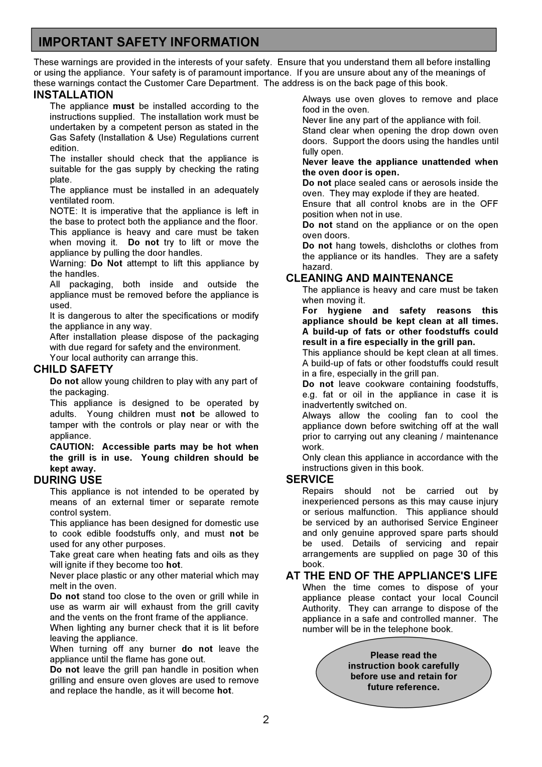 Electrolux EOG 7330 manual Important Safety Information 