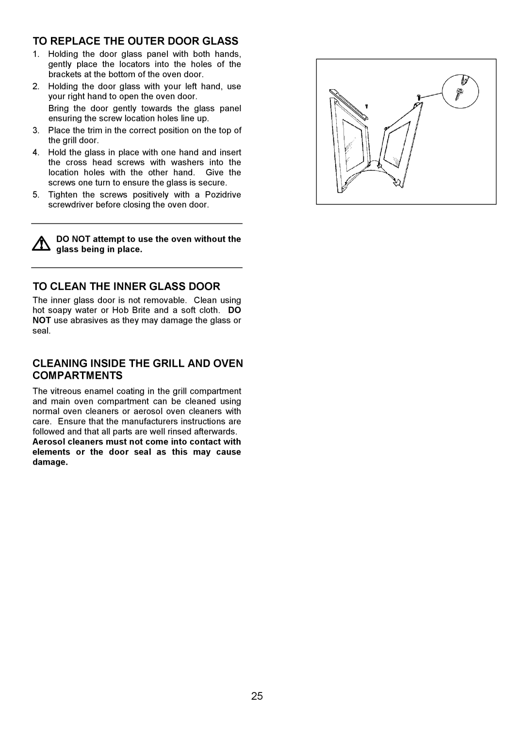 Electrolux EOG 7330 manual To Replace the Outer Door Glass, To Clean the Inner Glass Door 