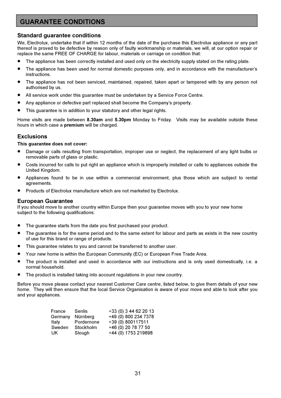 Electrolux EOG 7330 manual Guarantee Conditions, Standard guarantee conditions 