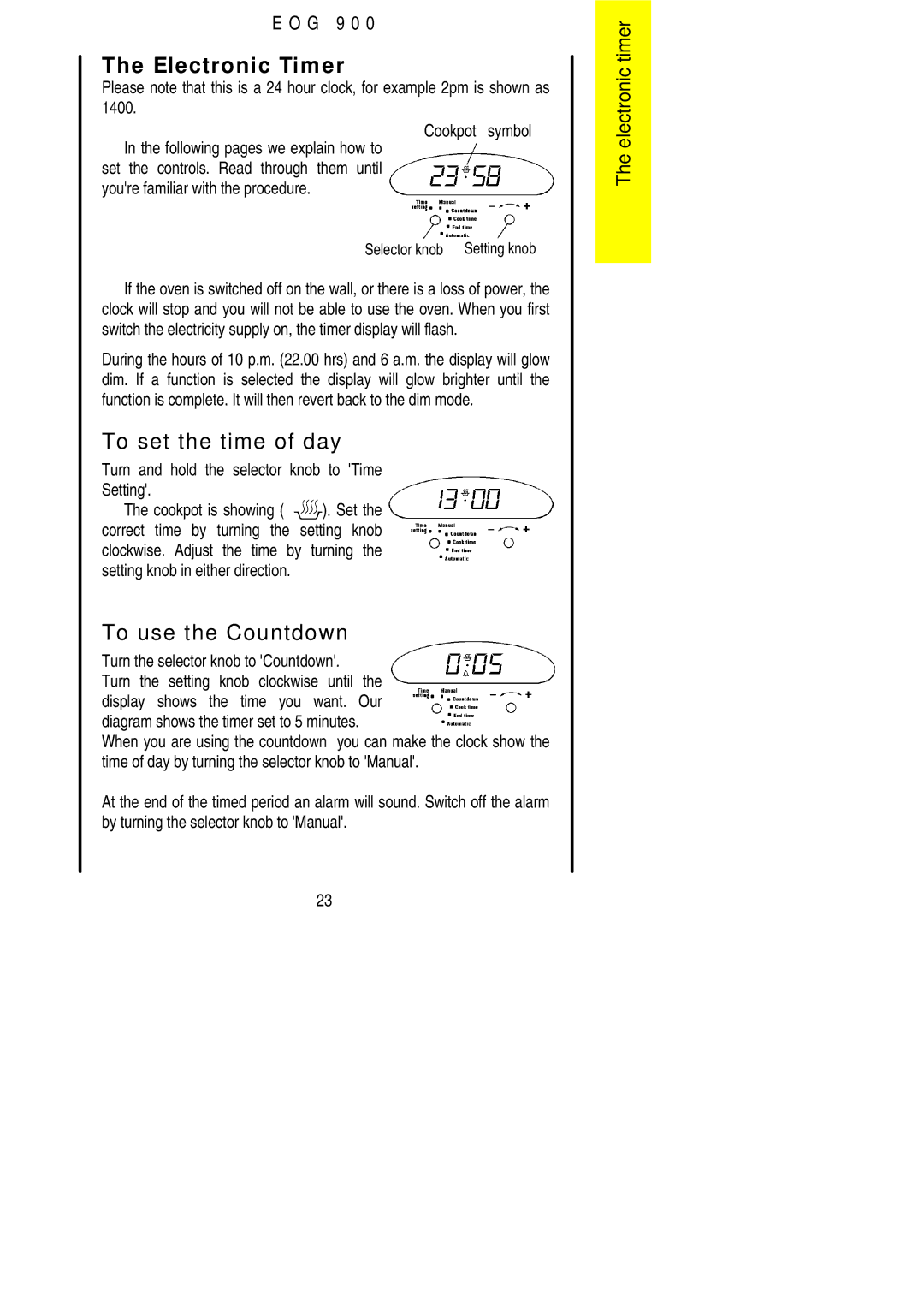 Electrolux EOG 900 manual Electronic Timer, To set the time of day, To use the Countdown, Electronic timer 