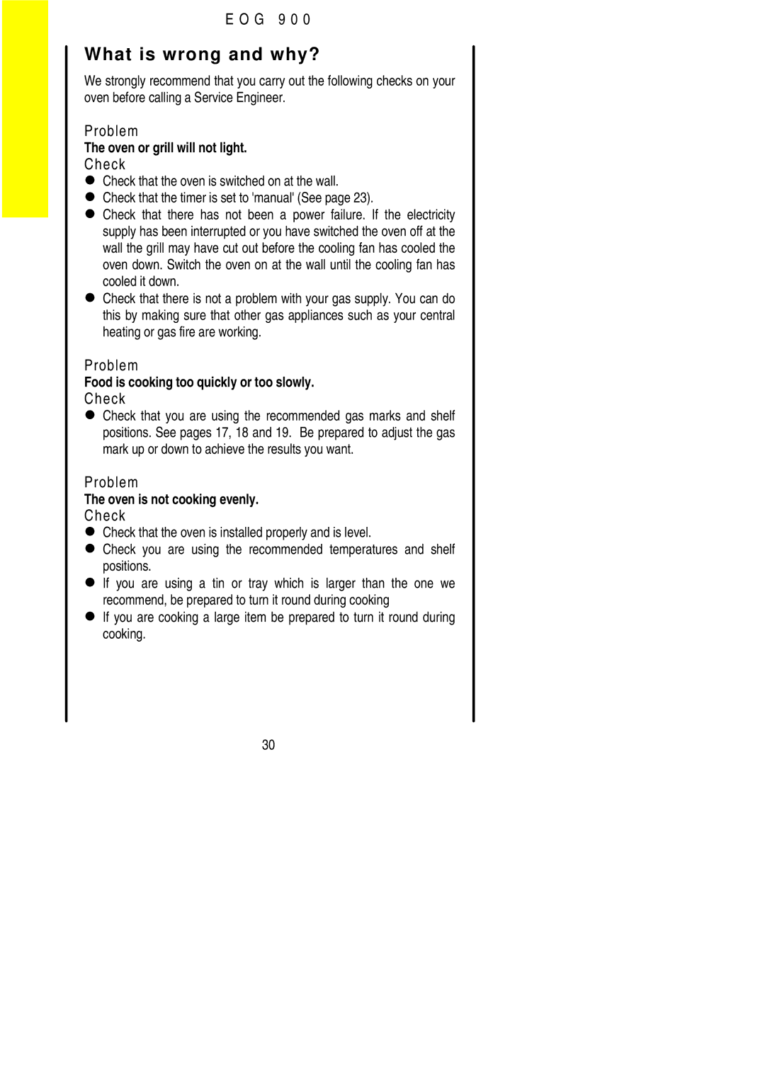 Electrolux EOG 900 manual What is wrong and why?, Problem, LCheck 