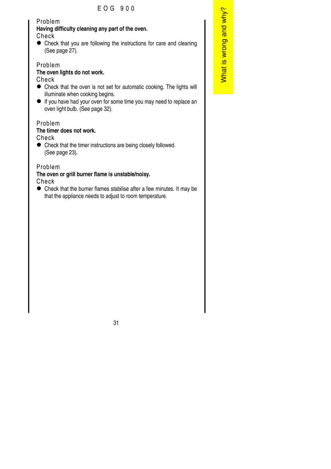 Electrolux EOG 900 manual G 9 0 Problem 