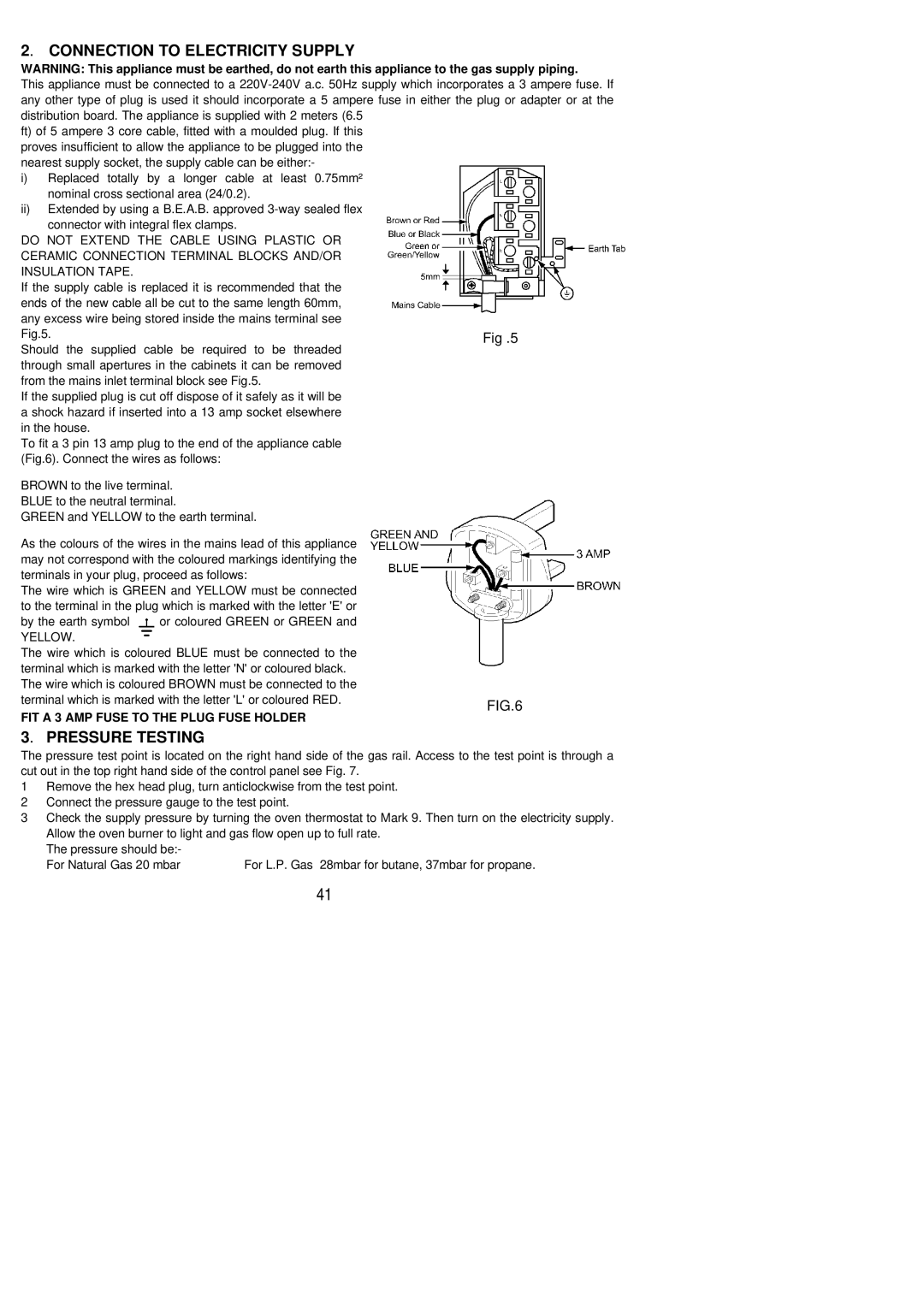 Electrolux EOG 900 manual Connection to Electricity Supply, Pressure Testing 