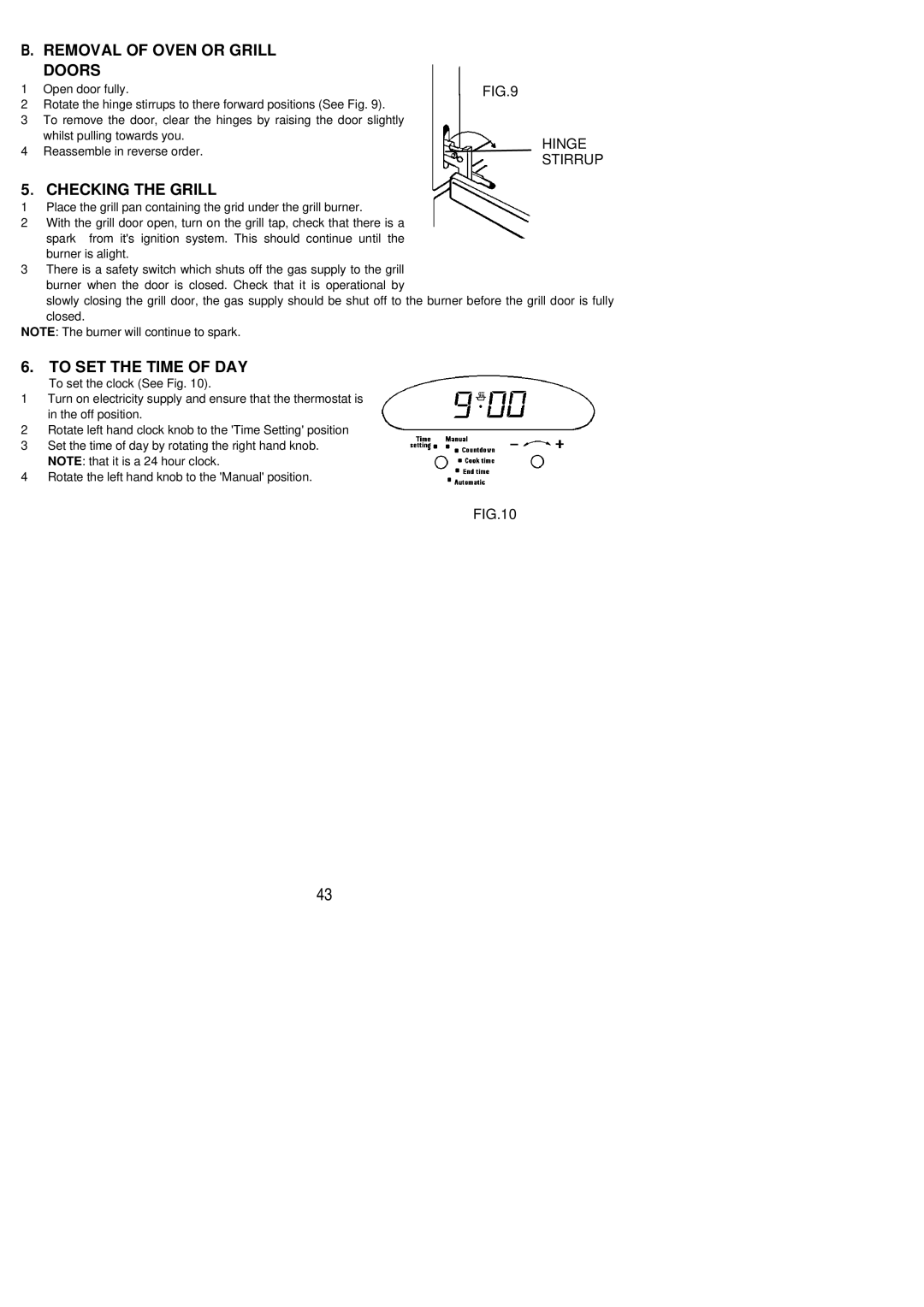 Electrolux EOG 900 manual Removal of Oven or Grill Doors, Checking the Grill, To SET the Time of DAY 