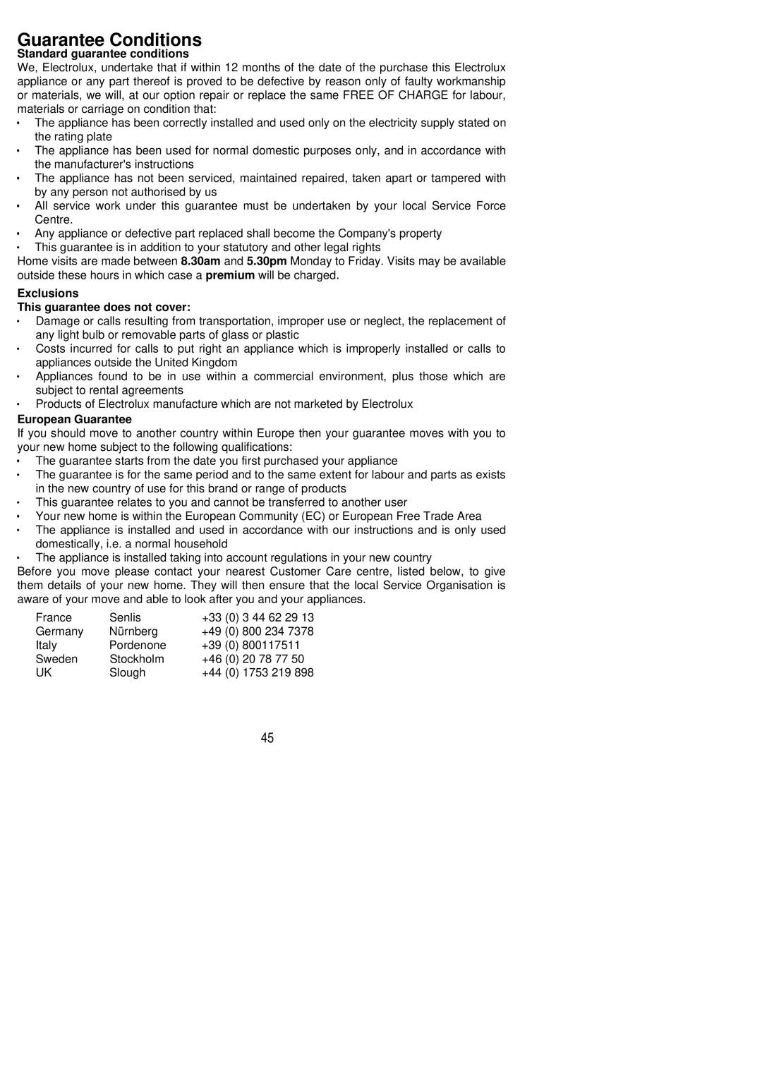 Electrolux EOG 900 manual Guarantee Conditions, Standard guarantee conditions 