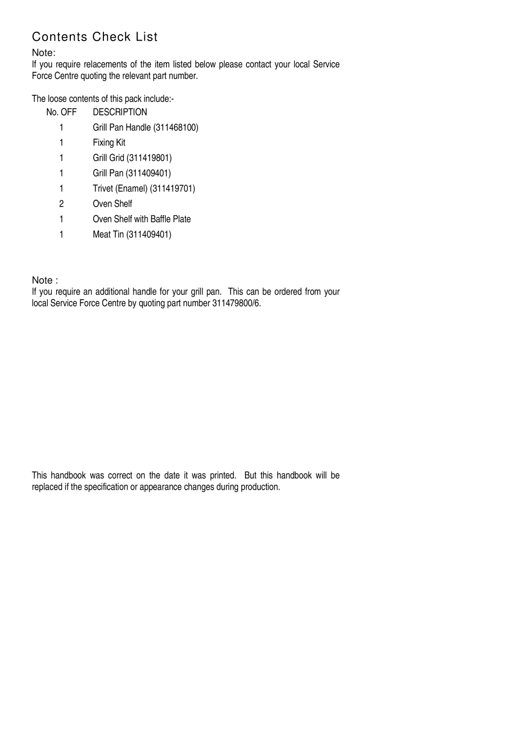 Electrolux EOG 900 manual Contents Check List 