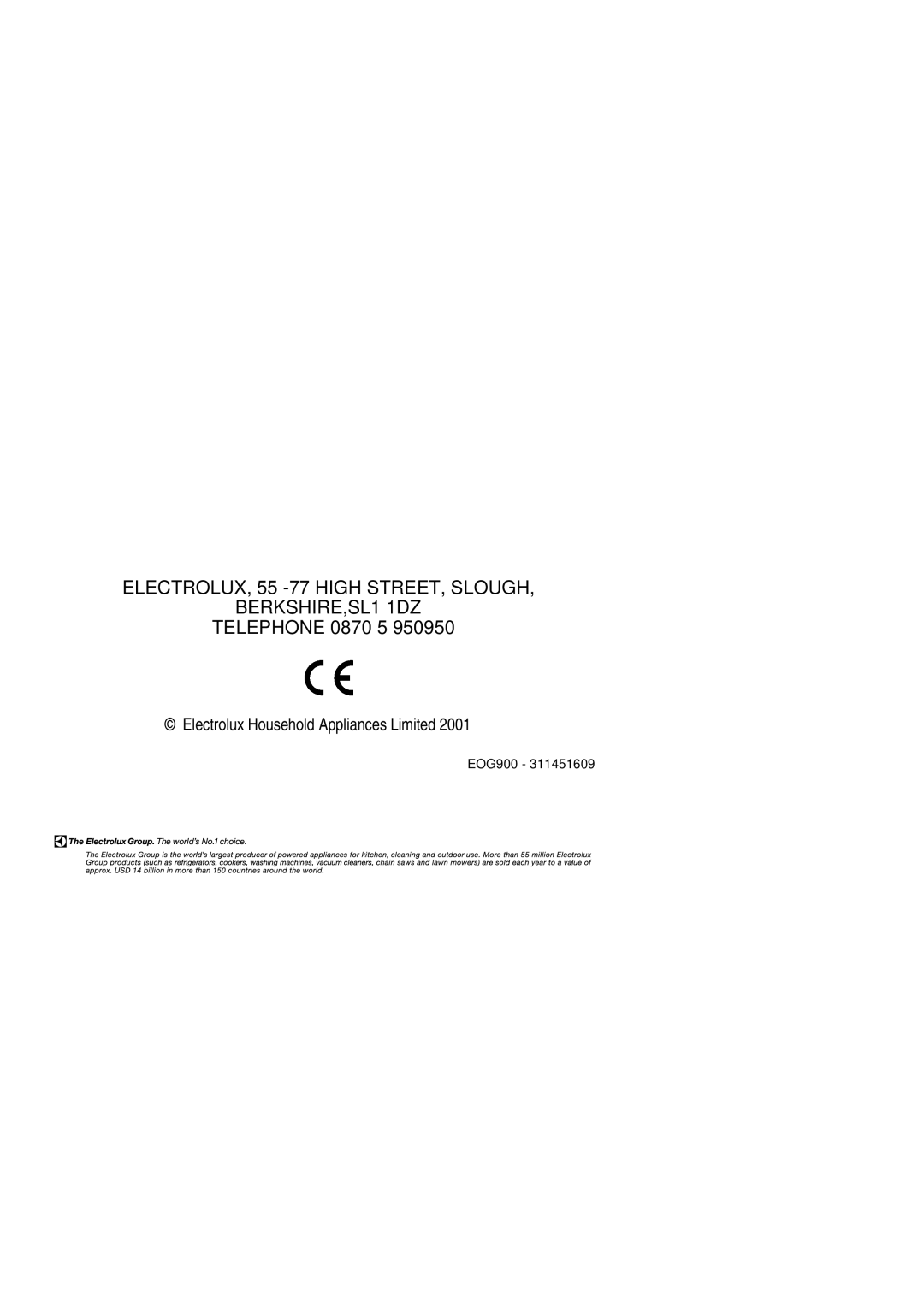 Electrolux EOG 900 manual Telephone 0870 5, Electrolux Household Appliances Limited 