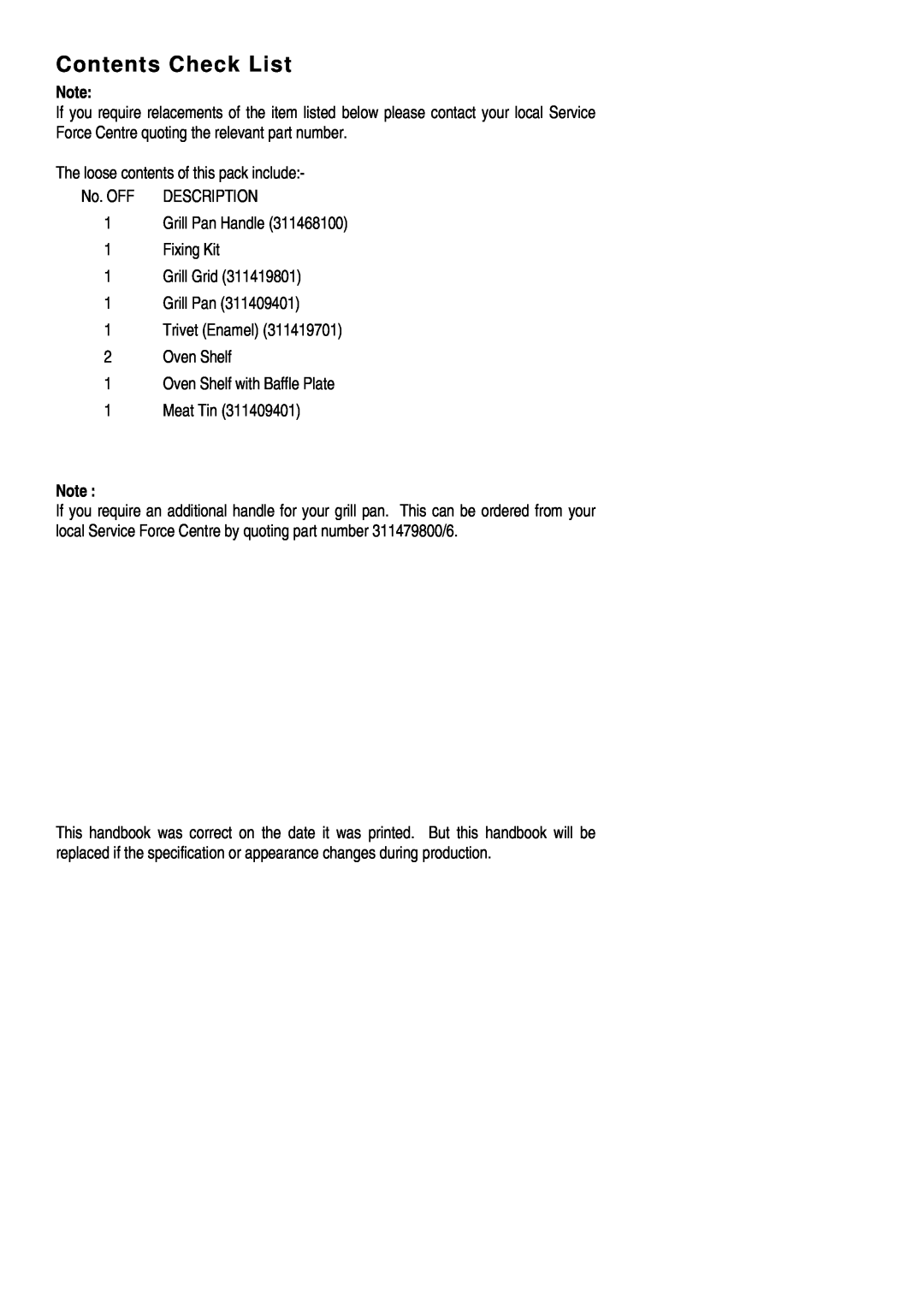 Electrolux EOG 900 manual Contents Check List 