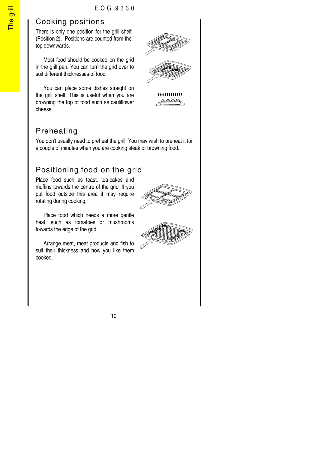 Electrolux EOG9330 manual Cooking positions, Preheating, Positioning food on the grid 