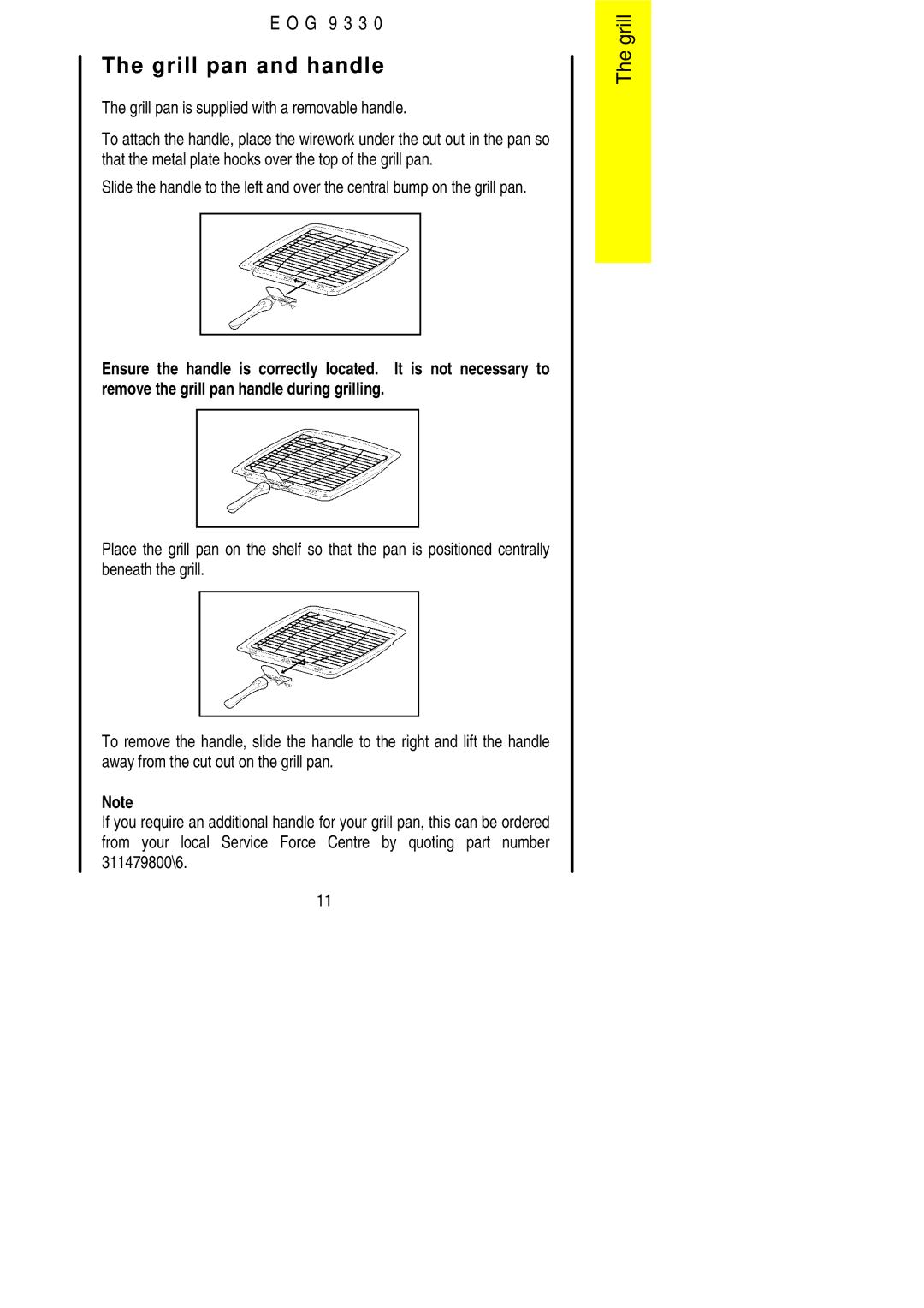 Electrolux EOG9330 manual Grill pan and handle, Grill pan is supplied with a removable handle 