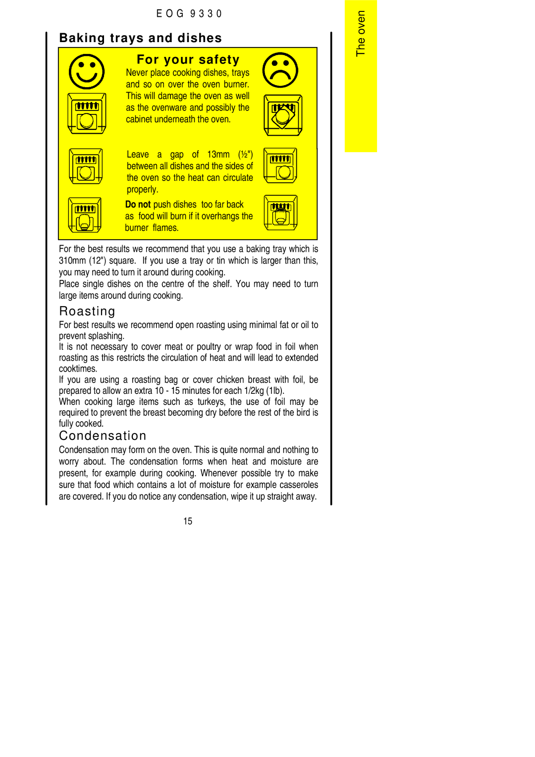 Electrolux EOG9330 manual Baking trays and dishes For your safety, Roasting, Condensation 