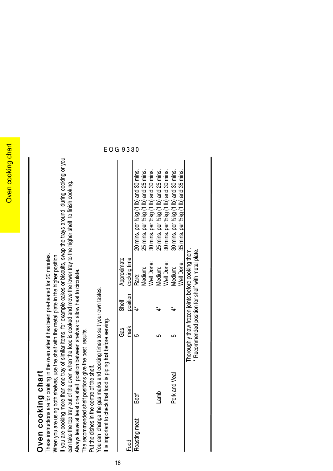 Electrolux EOG9330 manual Oven cooking chart 