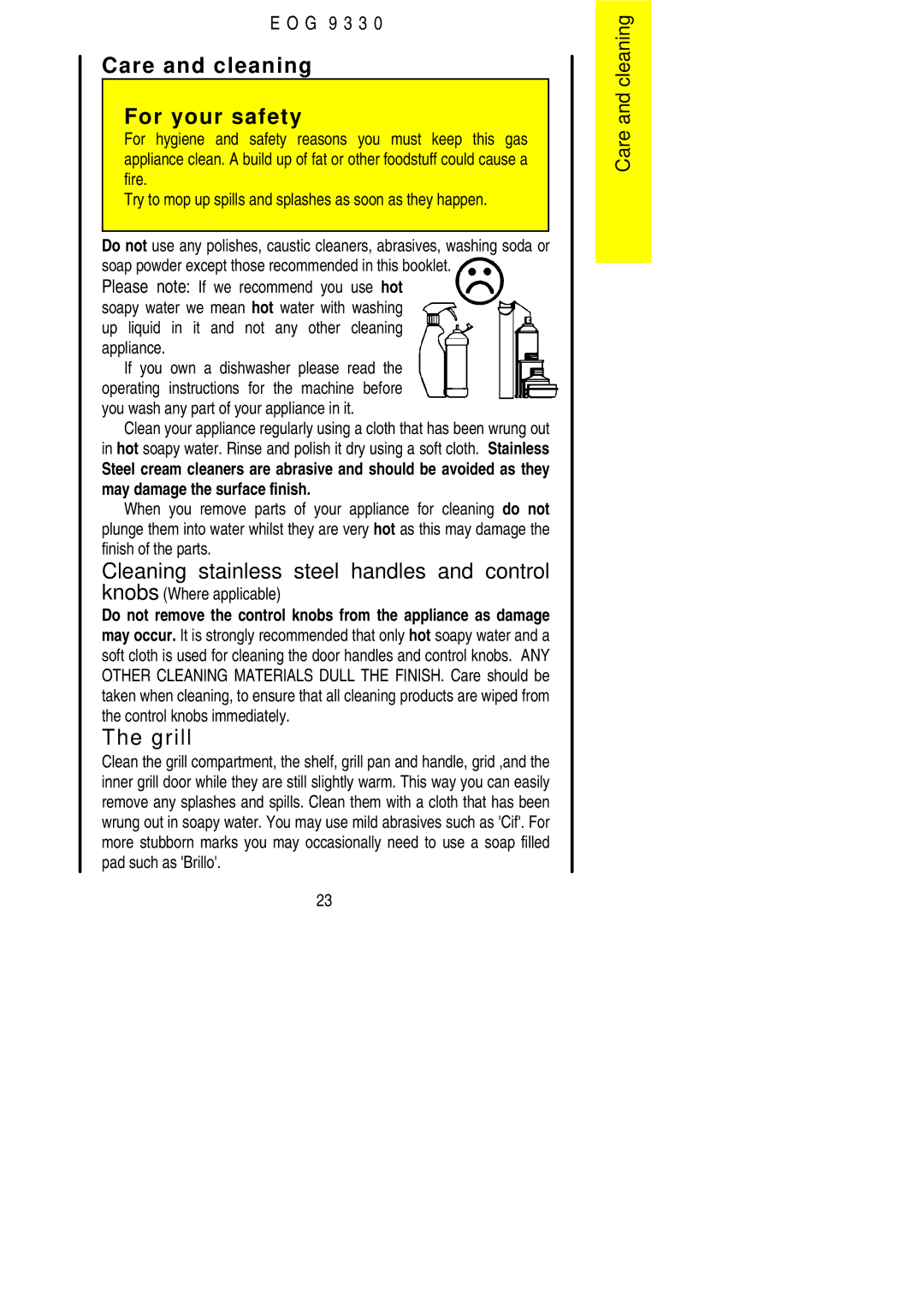 Electrolux EOG9330 Care and cleaning For your safety, Cleaning stainless steel handles and control, Knobs Where applicable 