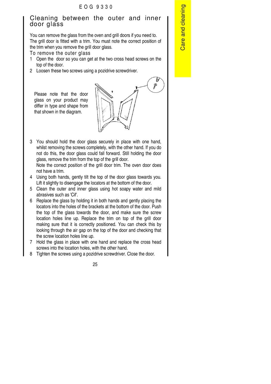 Electrolux EOG9330 manual Cleaning between the outer and inner door glass, To remove the outer glass 