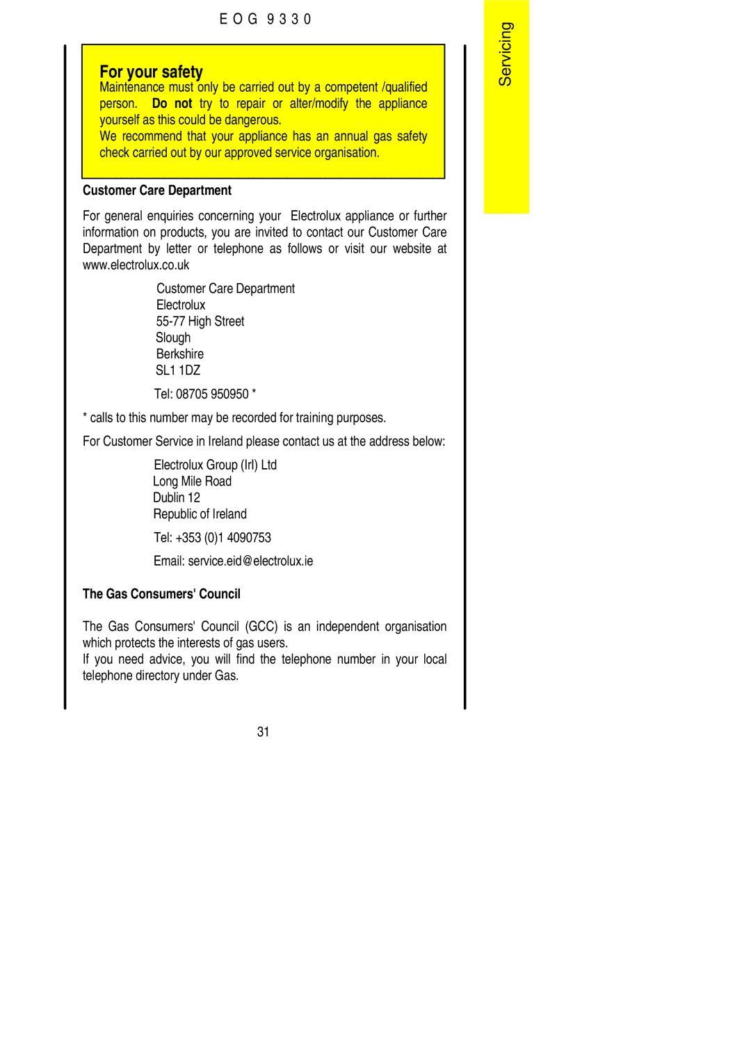 Electrolux EOG9330 manual Customer Care Department 