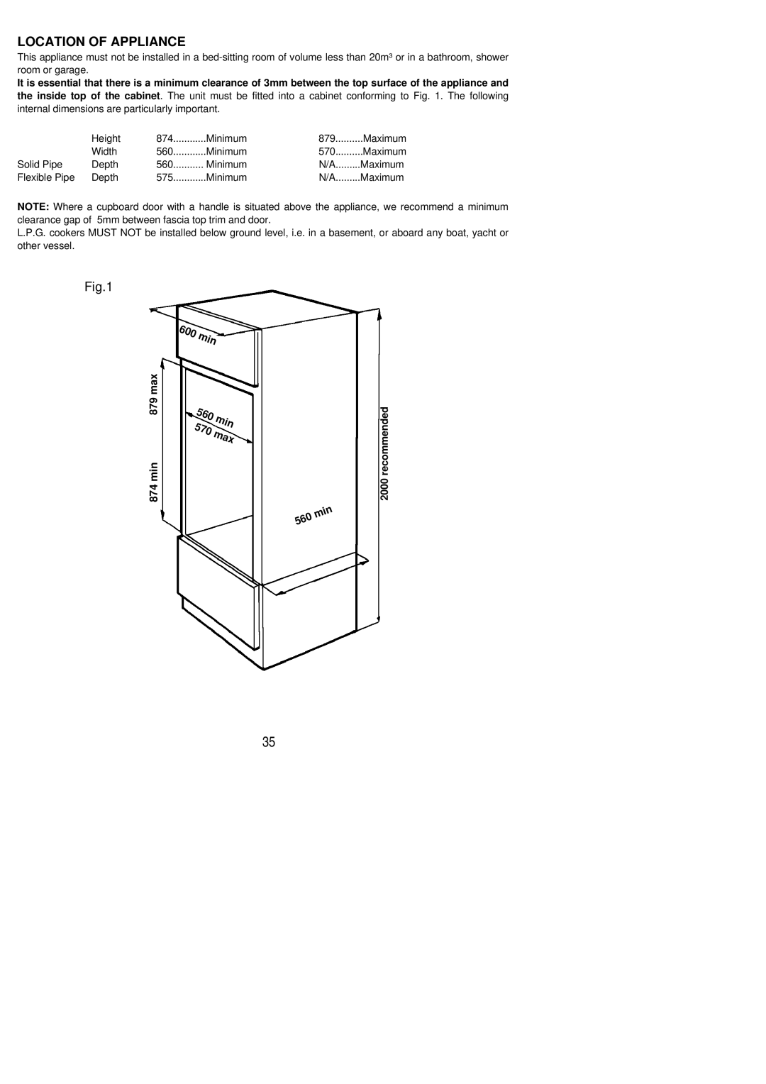 Electrolux EOG9330 manual min 570 max, Location of Appliance 