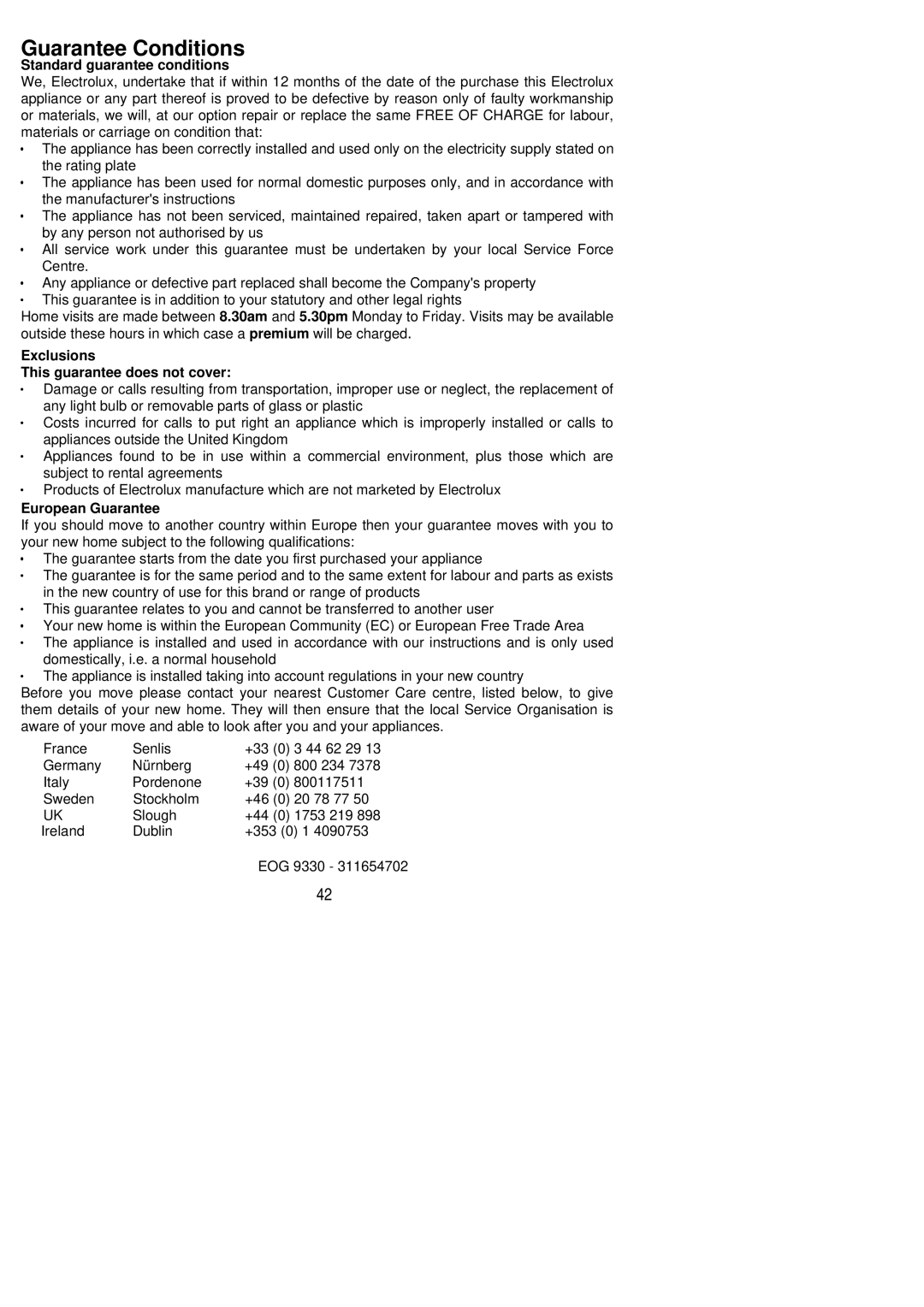 Electrolux EOG9330 manual Guarantee Conditions, Standard guarantee conditions 