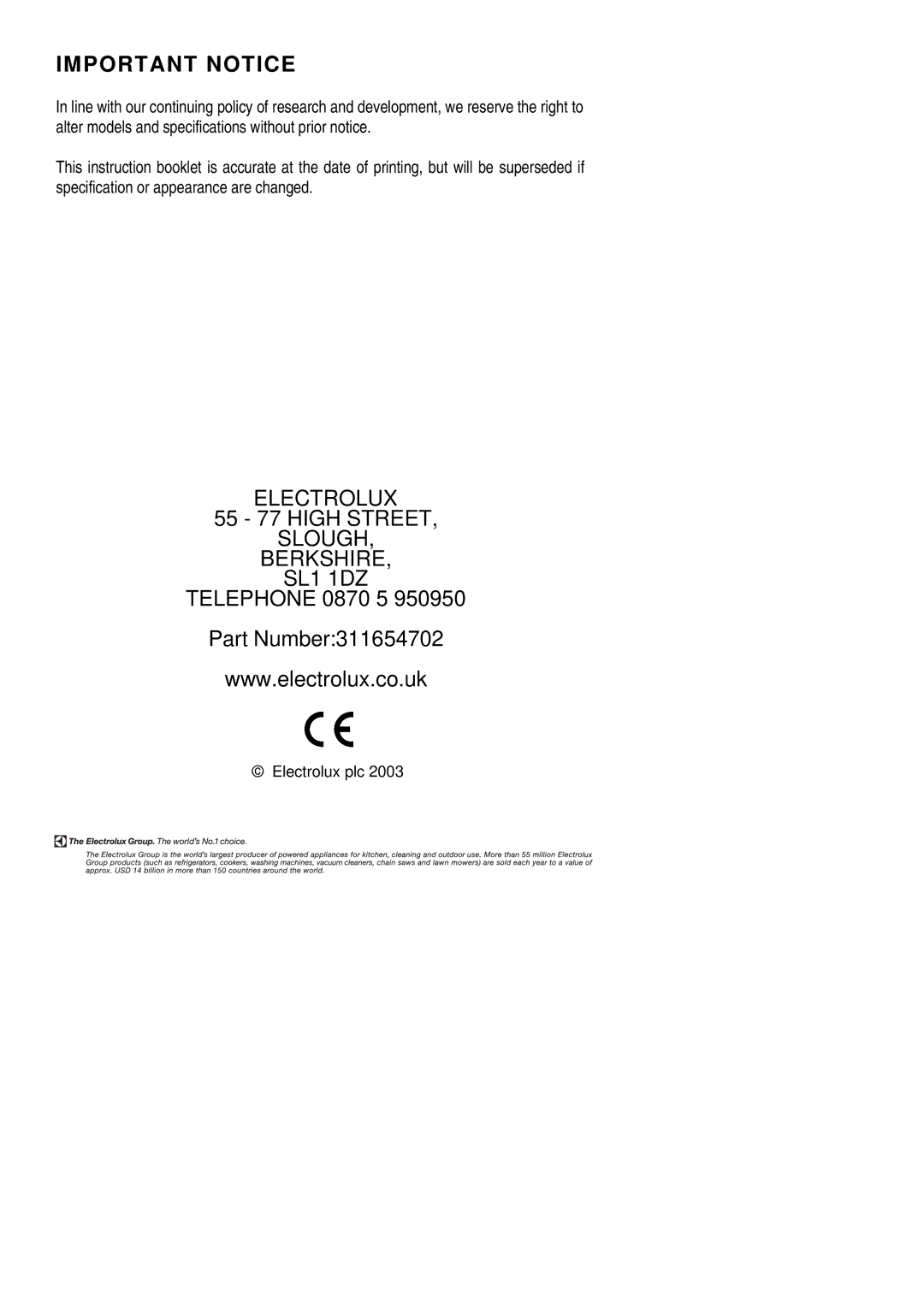 Electrolux EOG9330 manual 55 77 High Street, Telephone 0870 5 Part Number311654702 