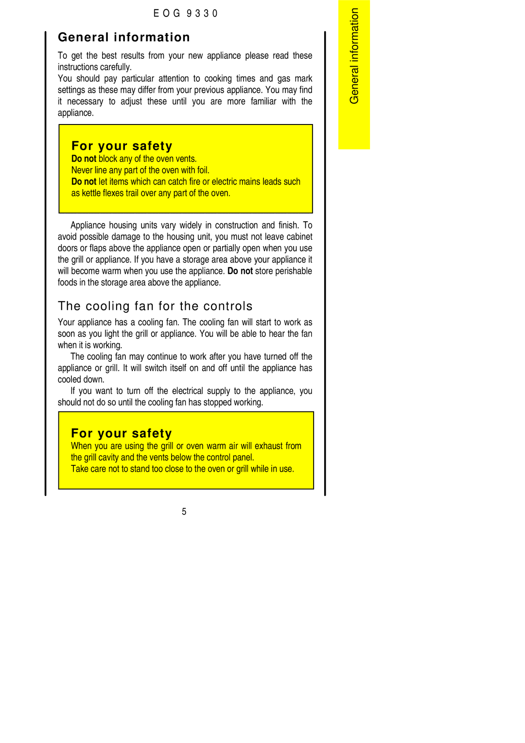 Electrolux EOG9330 manual General information, Cooling fan for the controls 