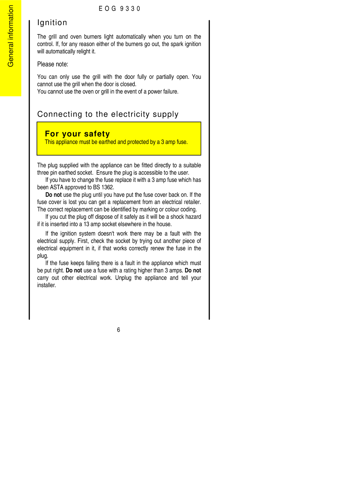 Electrolux EOG9330 manual Ignition, Connecting to the electricity supply, Please note 